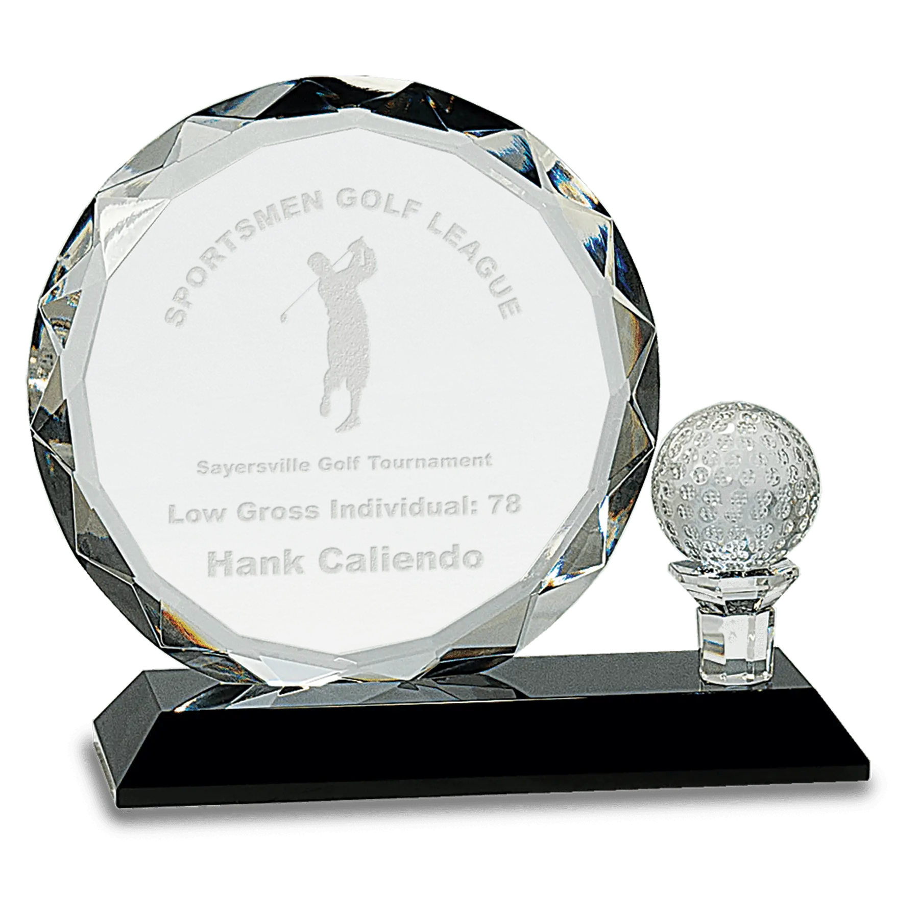 Round Facet Crystal Award with Golf Ball on Black Pedestal Base with Lined Presentation Box, 2 Sizes JDS