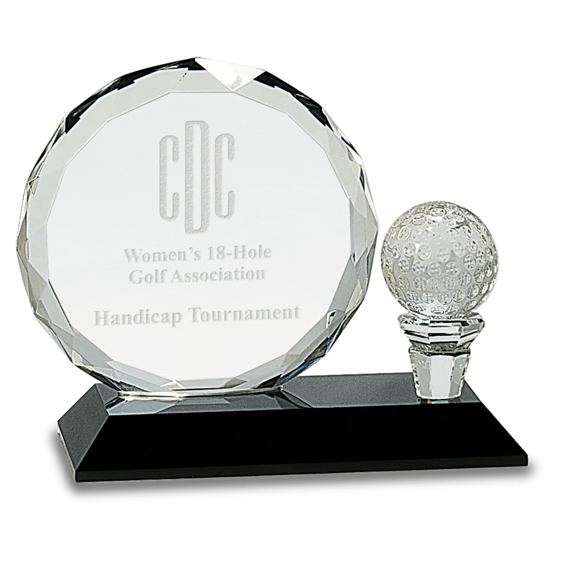 Round Facet Crystal Award with Golf Ball on Black Pedestal Base with Lined Presentation Box, 2 Sizes JDS