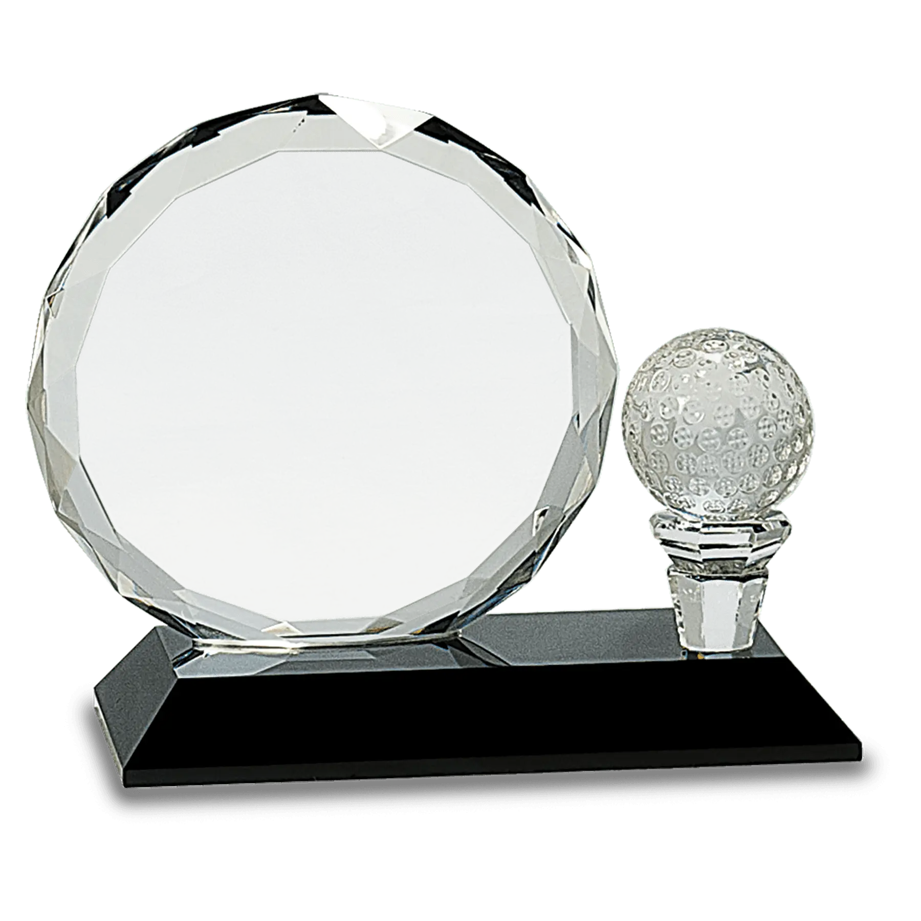 Round Facet Crystal Award with Golf Ball on Black Pedestal Base with Lined Presentation Box, 2 Sizes JDS