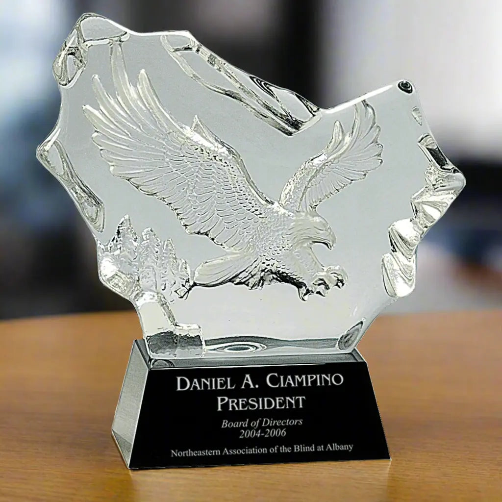 Premier Crystal Carved Eagle on Black Base, Standing Award / Recognition Gift, 7", Includes Lined Gift Box JDS