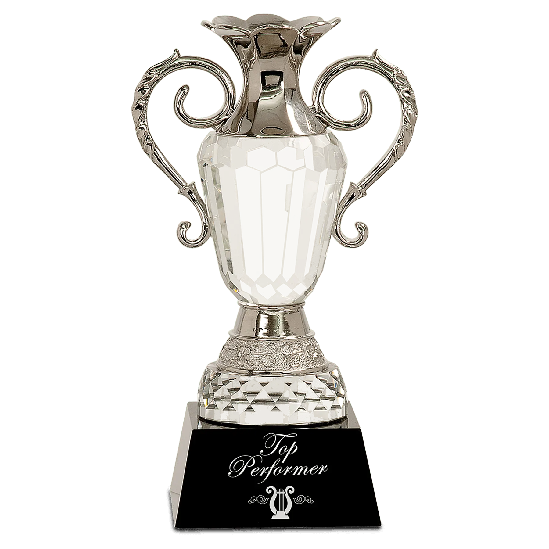 Premier Crystal Cup Award with Silver Handles on Black Pedestal Base, Includes Lined Gift Box, 10" JDS