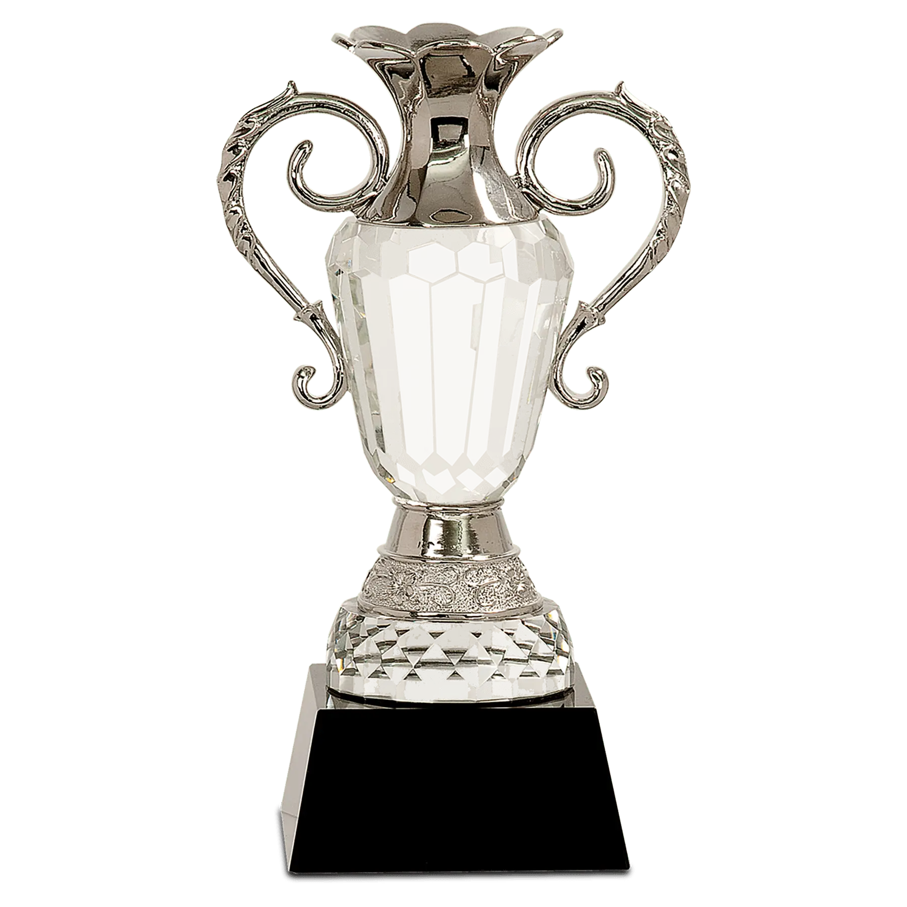 Premier Crystal Cup Award with Silver Handles on Black Pedestal Base, Includes Lined Gift Box, 10" JDS