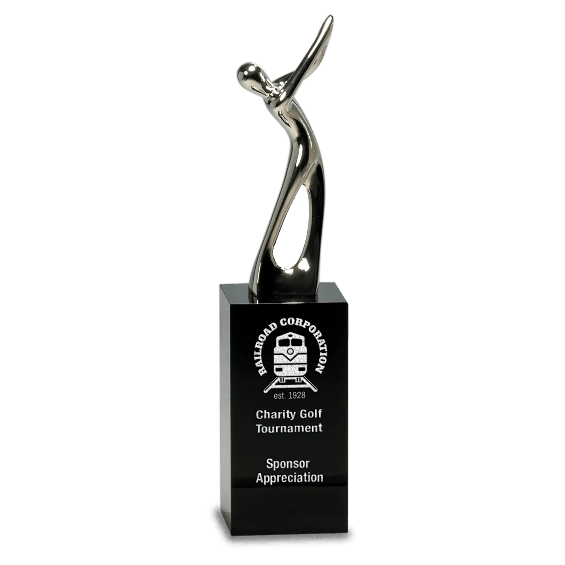 Premier Silver Metal Golf Figure on Black Crystal Pedestal Award Trophy, 2 Sizes JDS