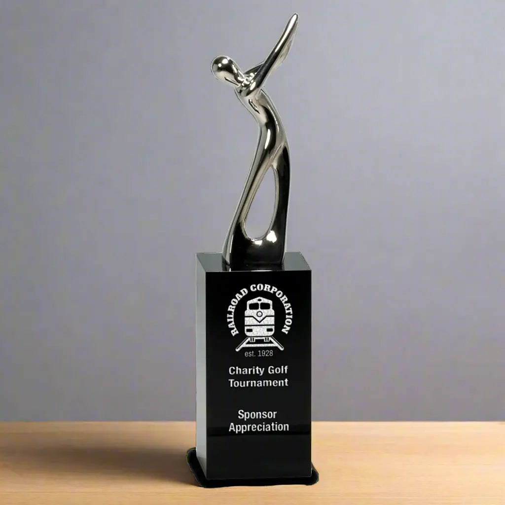Premier Silver Metal Golf Figure on Black Crystal Pedestal Award Trophy, 2 Sizes JDS