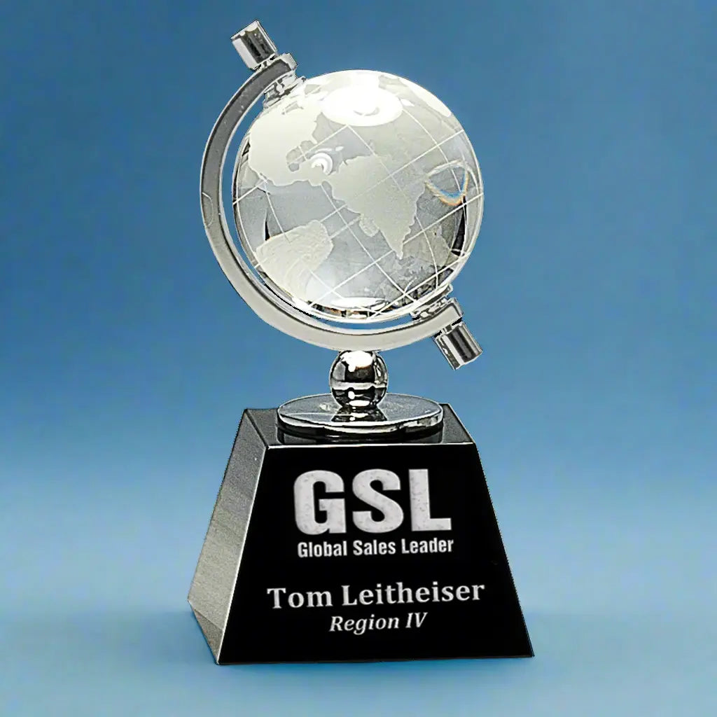 Premier Crystal Spinning Globe Standing Award / Recognition Gift on Black Base, 6", Includes Lined Gift Box - Sams Engraving and Gifts