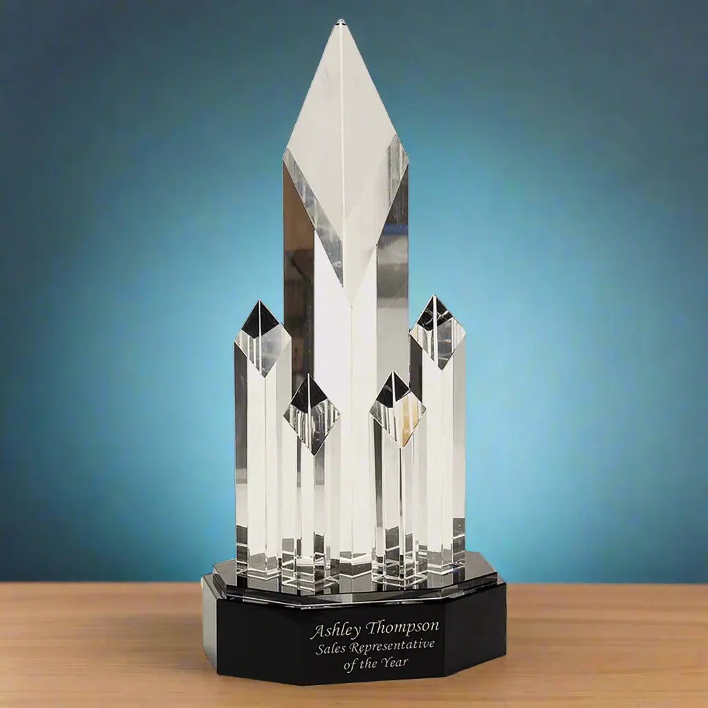 Premier Crystal 5 Rising Diamonds Standing Award on Black Pedestal Base, 11" Tall, Includes Lined Gift Box  Sams Engraving and Gifts
