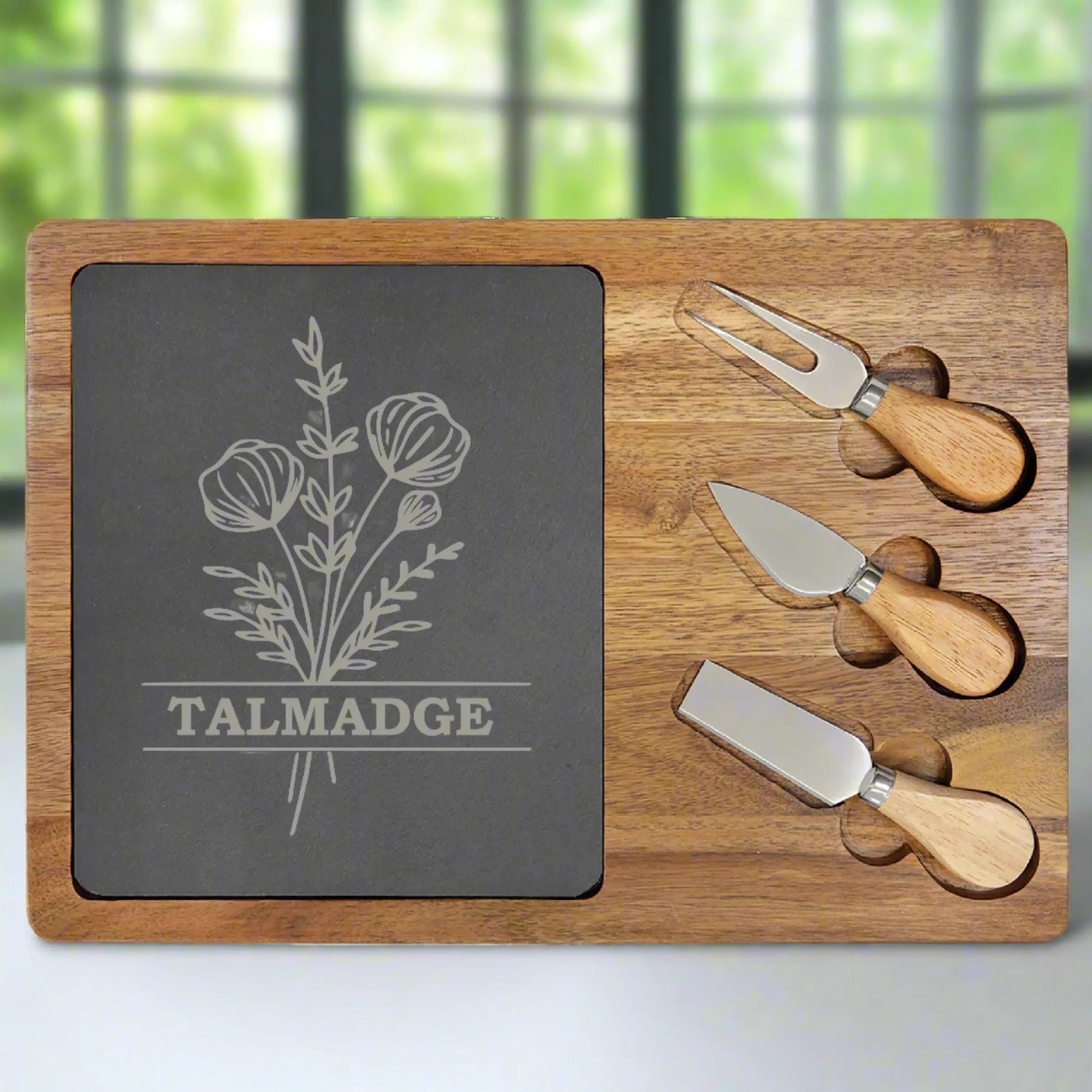 Personalized 4-Piece Cheese Charcuterie Cutting Board Set with Tools, Acacia Wood & Natural Slate, 13.75" x 9.75″ JDS