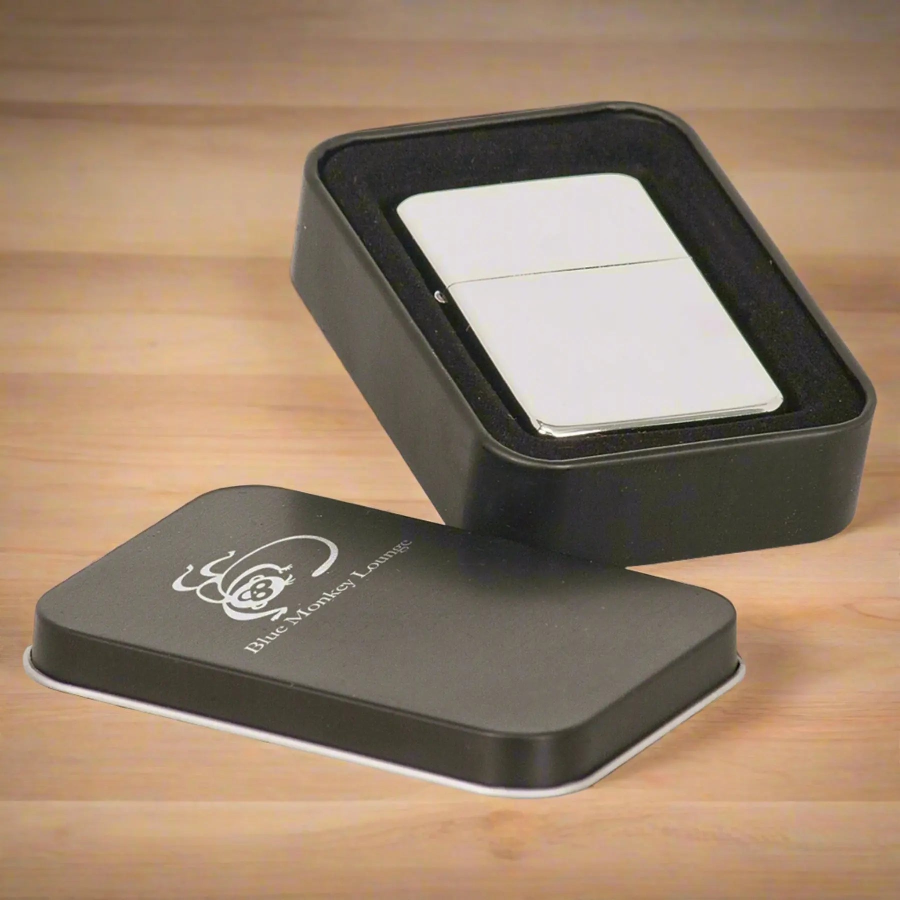 Premium Personalized Chrome or Matte Black Lighter in Elegant Black Tin case JDS