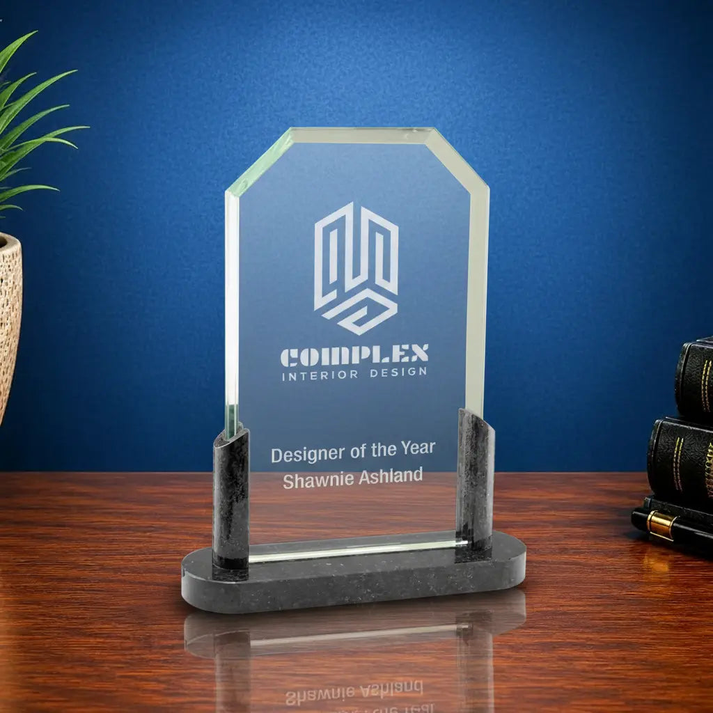 Clipped Corner Glass Standing Award with Marble Base, Includes Lined Presentation Box, 2 Sizes Sams Engraving and Gifts