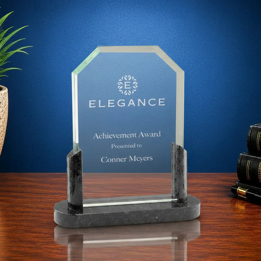 Clipped Corner Glass Standing Award with Marble Base, Includes Lined Presentation Box, 2 Sizes Sams Engraving and Gifts