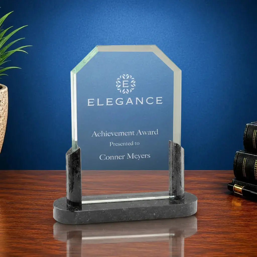 Personalized Clipped Corners Glass Award with Black Marble Base | Custom Engraved Recognition Award Sams Engraving and Gifts