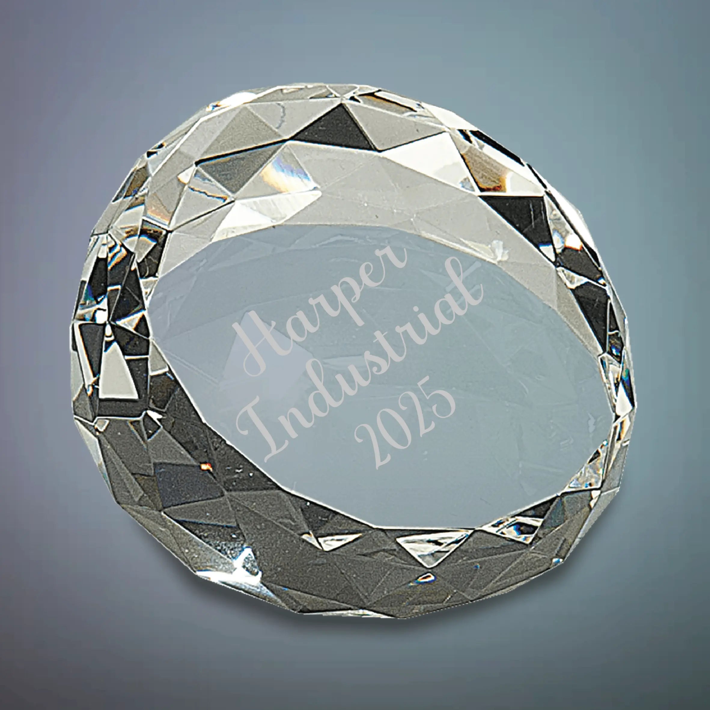 Premier Crystal Round Faceted Slanted Paperweight / Award, 3 1/2" x 2", Includes Lined Gift Box JDS