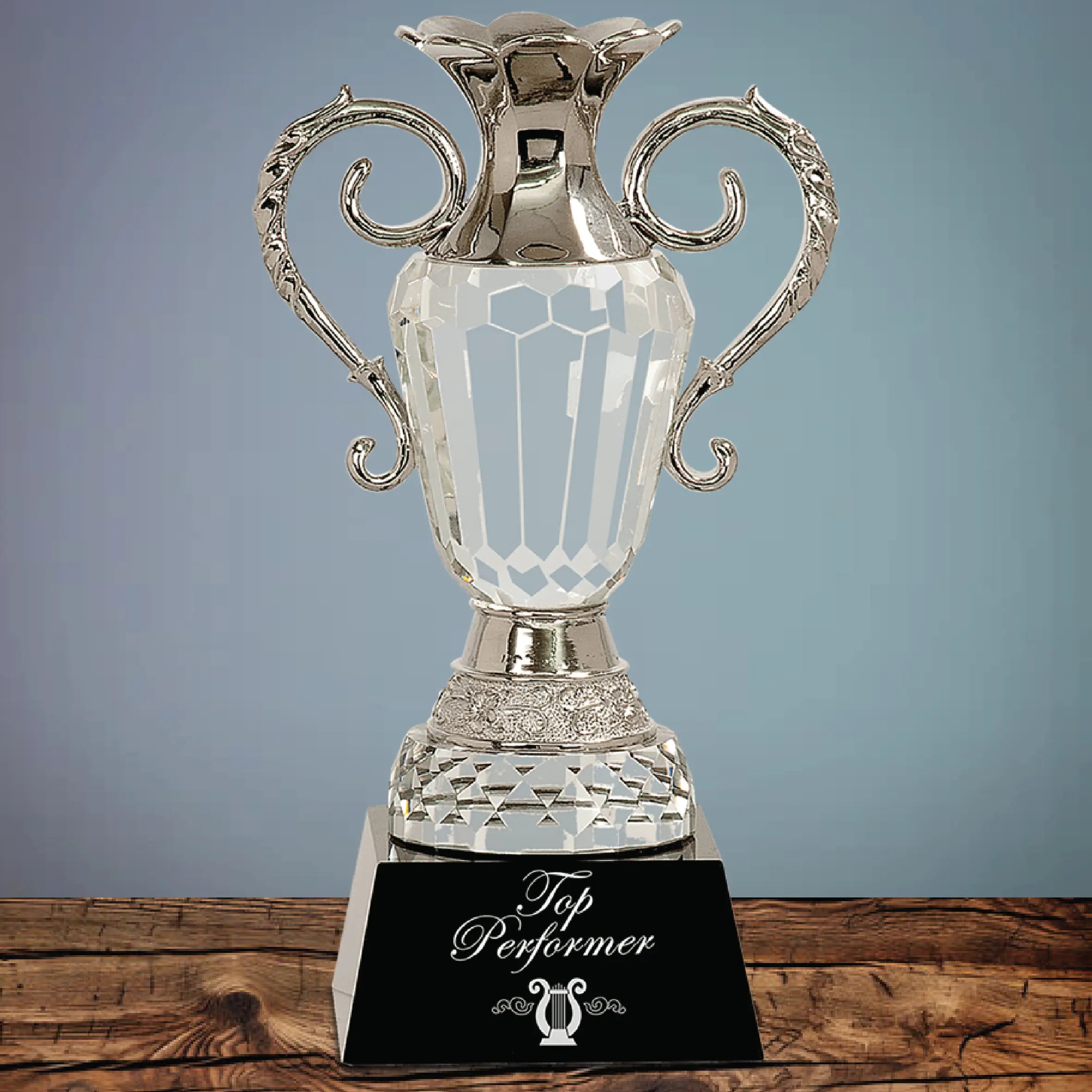 Premier Crystal Cup Award with Silver Handles on Black Pedestal Base, Includes Lined Gift Box, 10" JDS