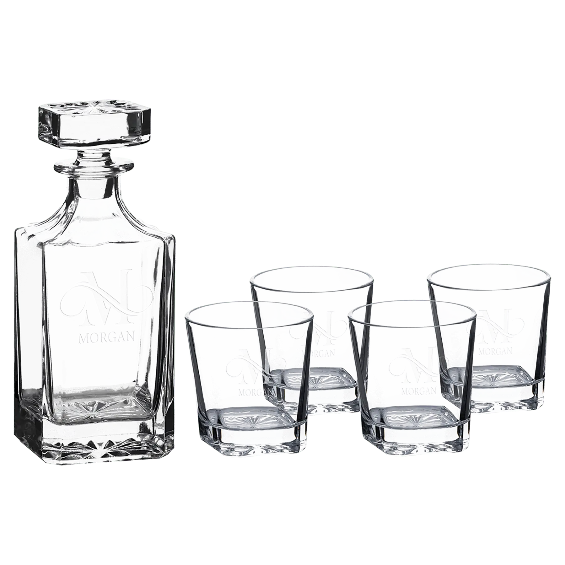Custom Engraved 750ml Square Glass Decanter Set with Four 11 oz Glasses Sams Engraving and Gifts