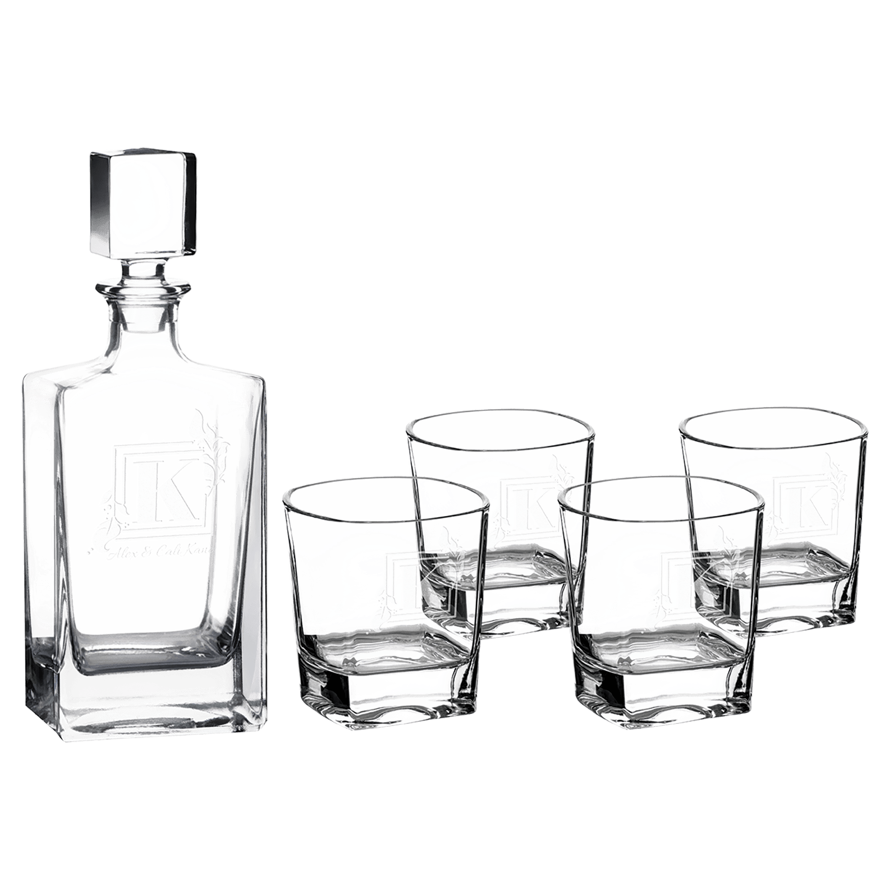 Personalized Glass Decanter Set 810ml – Rectangle Decanter with Four 8 oz Glasses Sams Engraving and Gifts