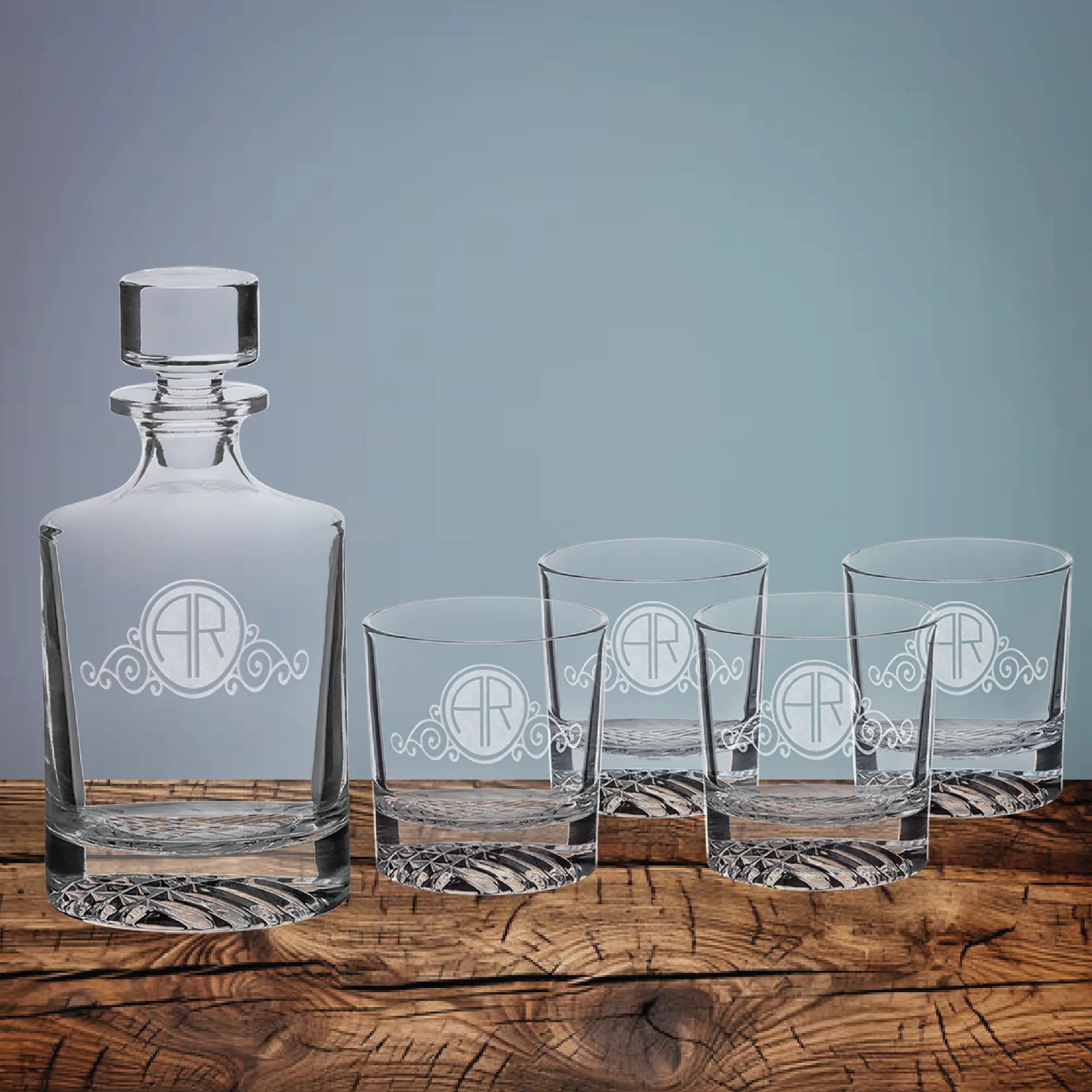 Custom Engraved 850ml Round Glass Decanter Set with Four 9 oz Glasses  Sams Engraving and Gifts