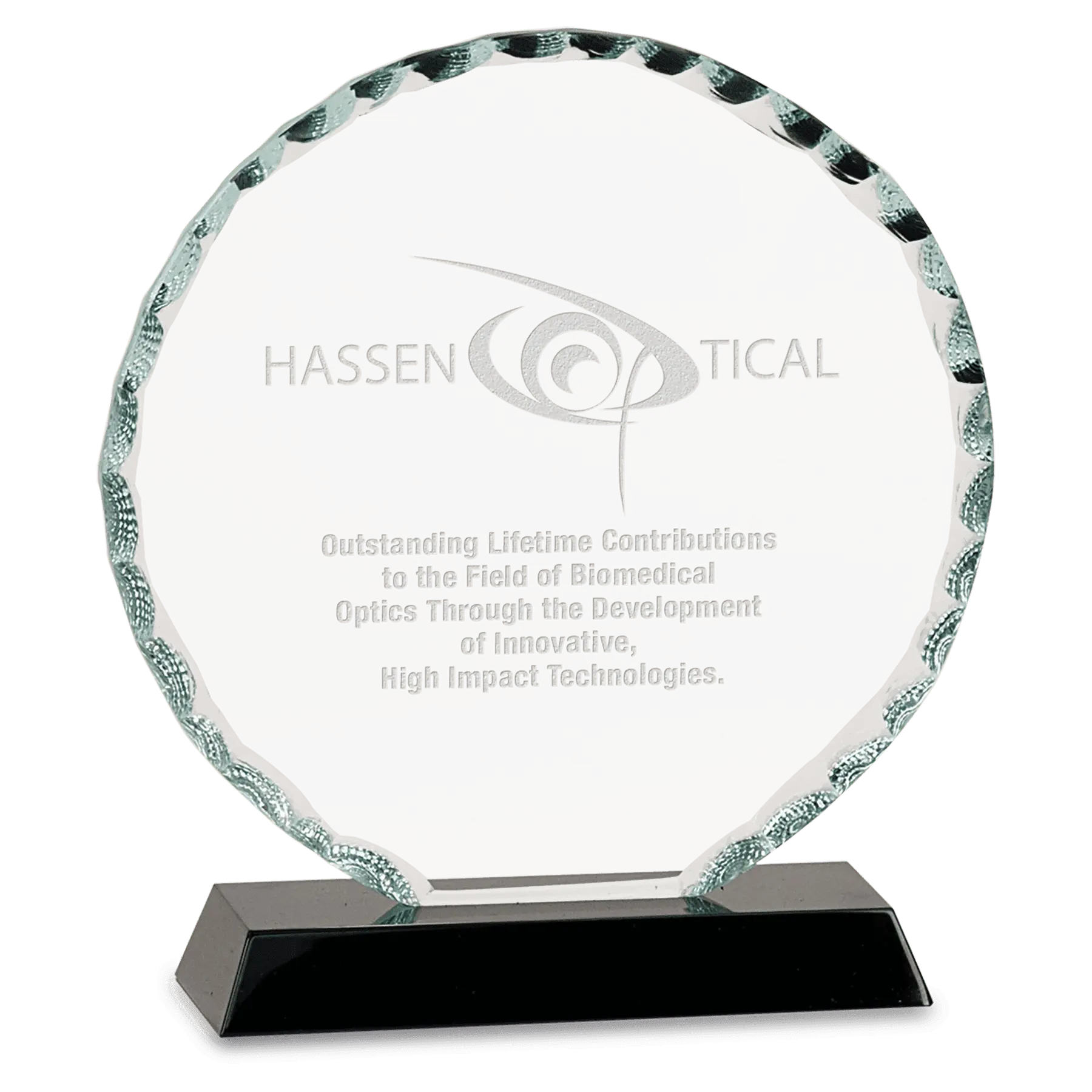 Round Facet Premier Glass Standing Award on Black Base, 2 Sizes JDS