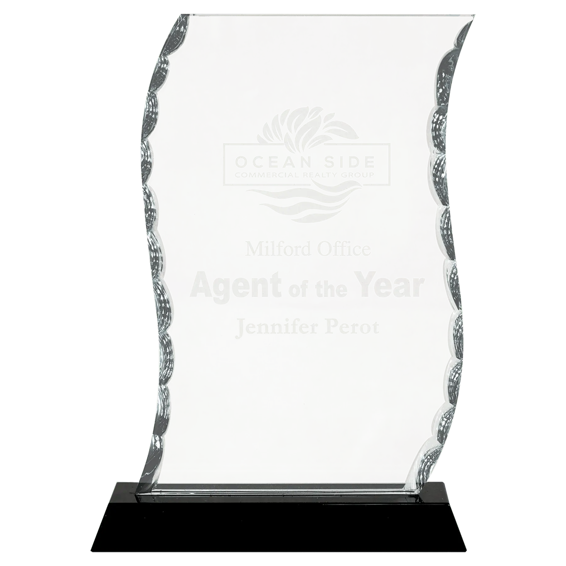 Scroll Facet Premier Glass Standing Award on Black Base, 2 Sizes JDS