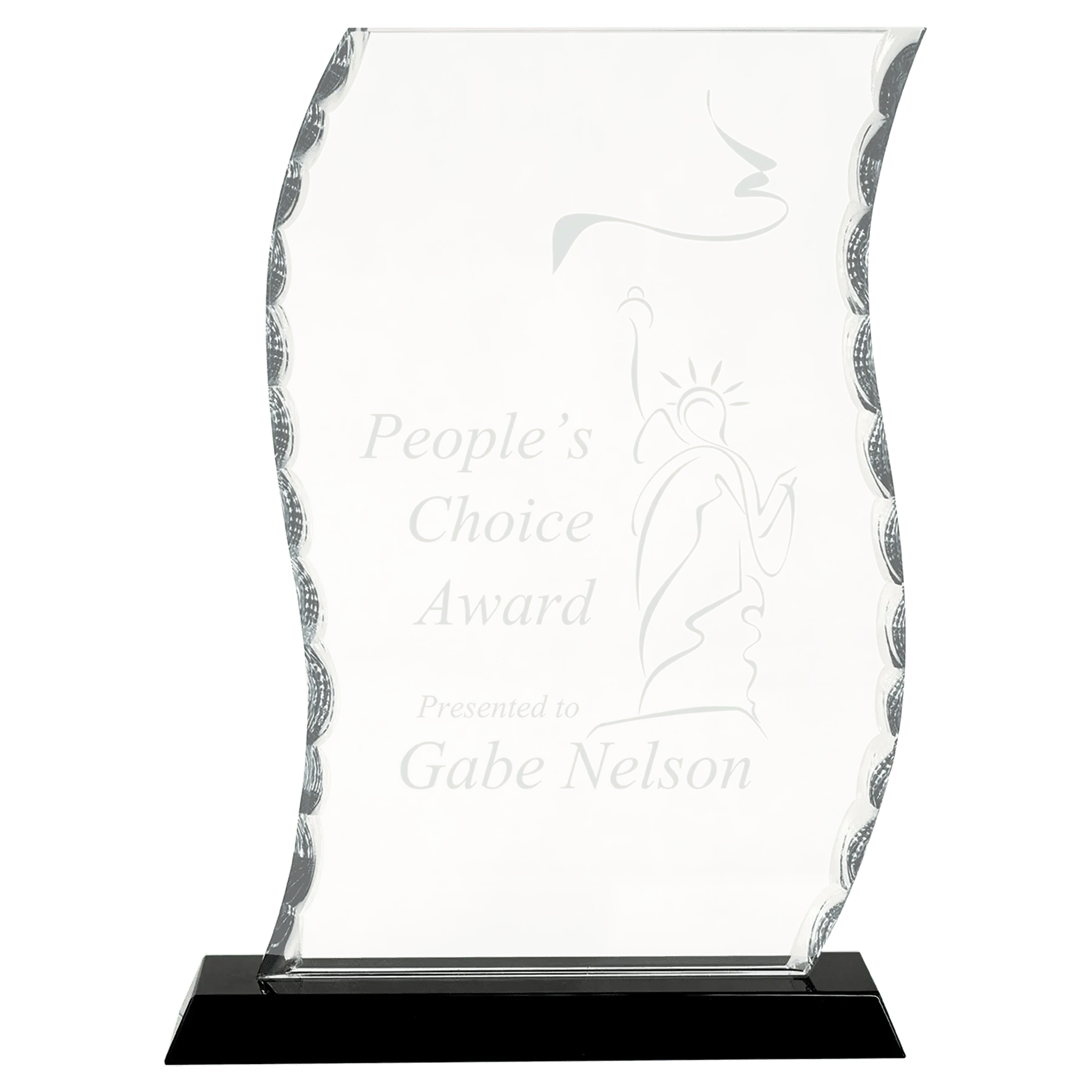 Scroll Facet Premier Glass Standing Award on Black Base, 2 Sizes JDS