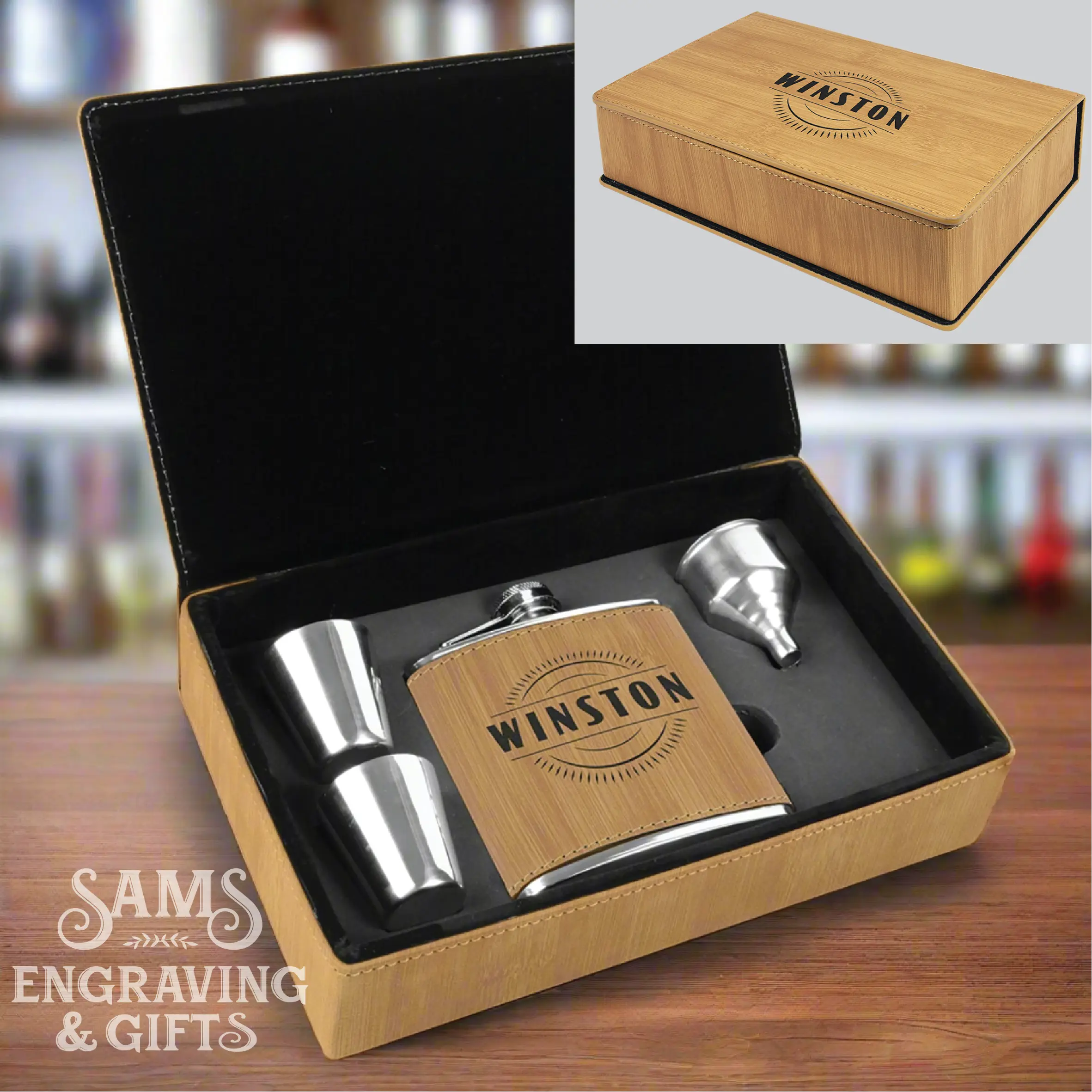 Personalized 4-Piece Leatherette Flask Gift Set, 6 Oz Flask, 2 Shot Glasses and Funnel in Gift Box, 4 Colors JDS