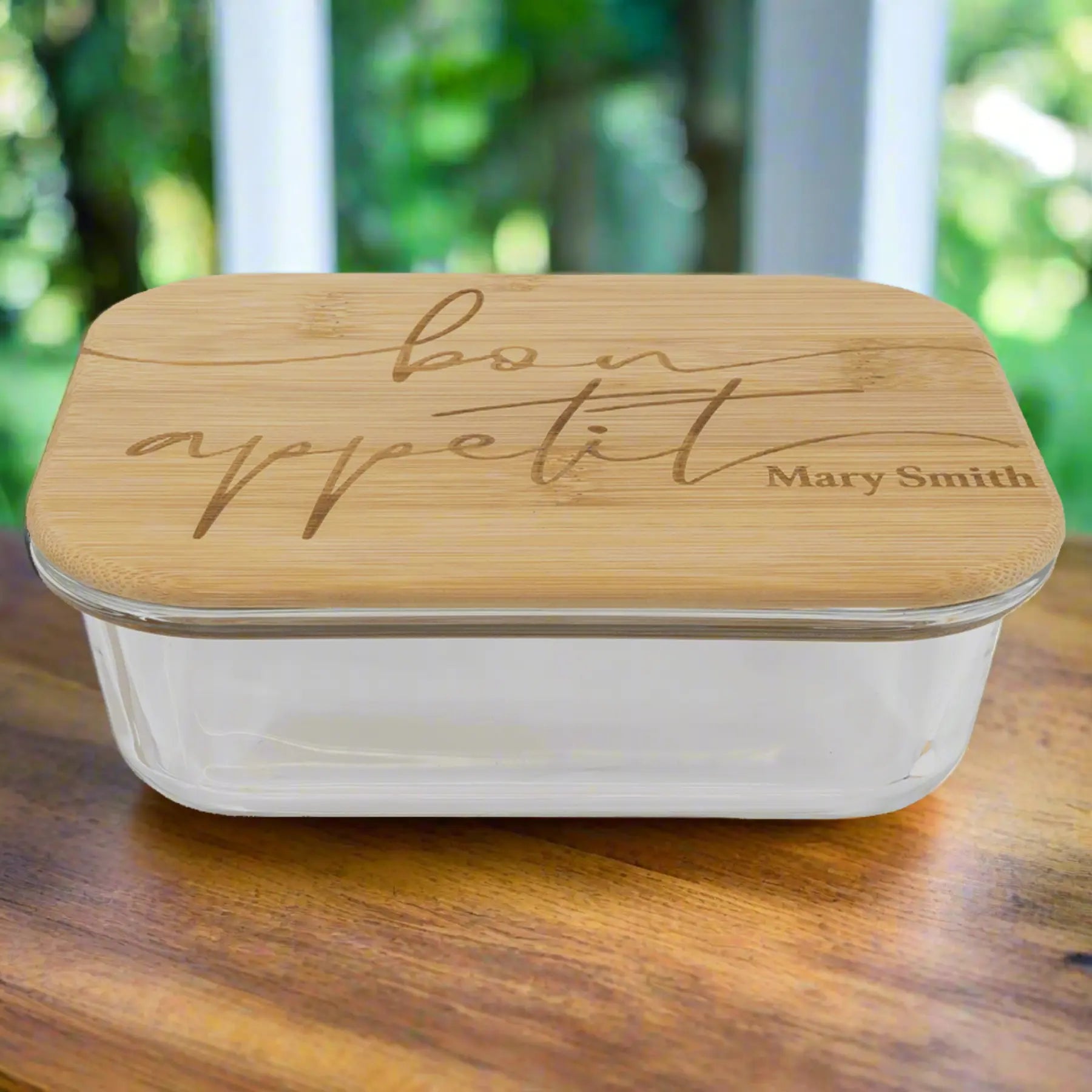 Personalized Rectangle Glass Baking Dish & Food Storage Container with Bamboo Lid – 4 Sizes JDS