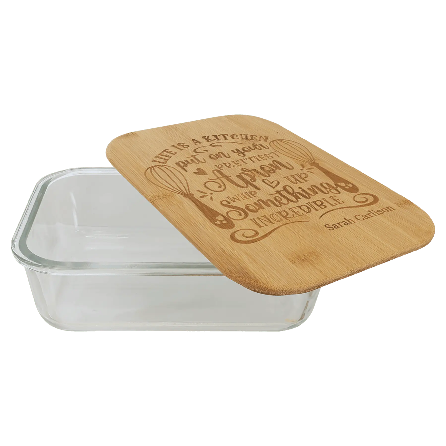 Personalized Rectangle Glass Baking Dish & Food Storage Container with Bamboo Lid – 4 Sizes JDS