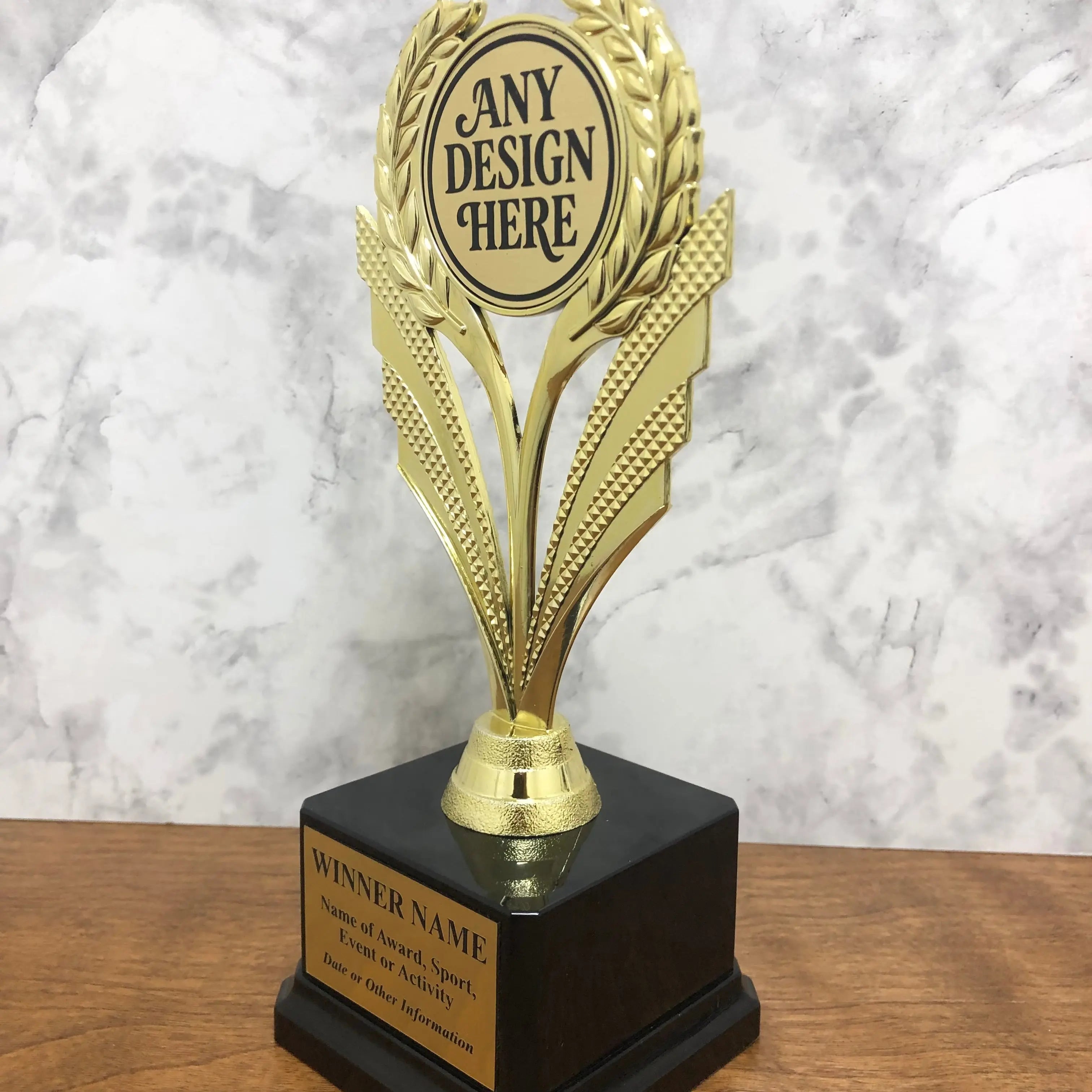 Economy 10” Trophy with Custom Topper and Engraved Plate on Weighted Base Sams Engraving and Gifts