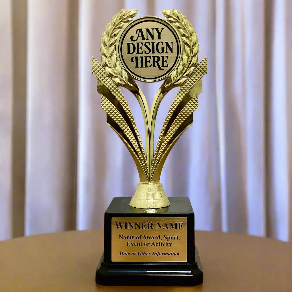 Economy 10” Trophy with Custom Topper and Engraved Plate on Weighted Base Sams Engraving and Gifts