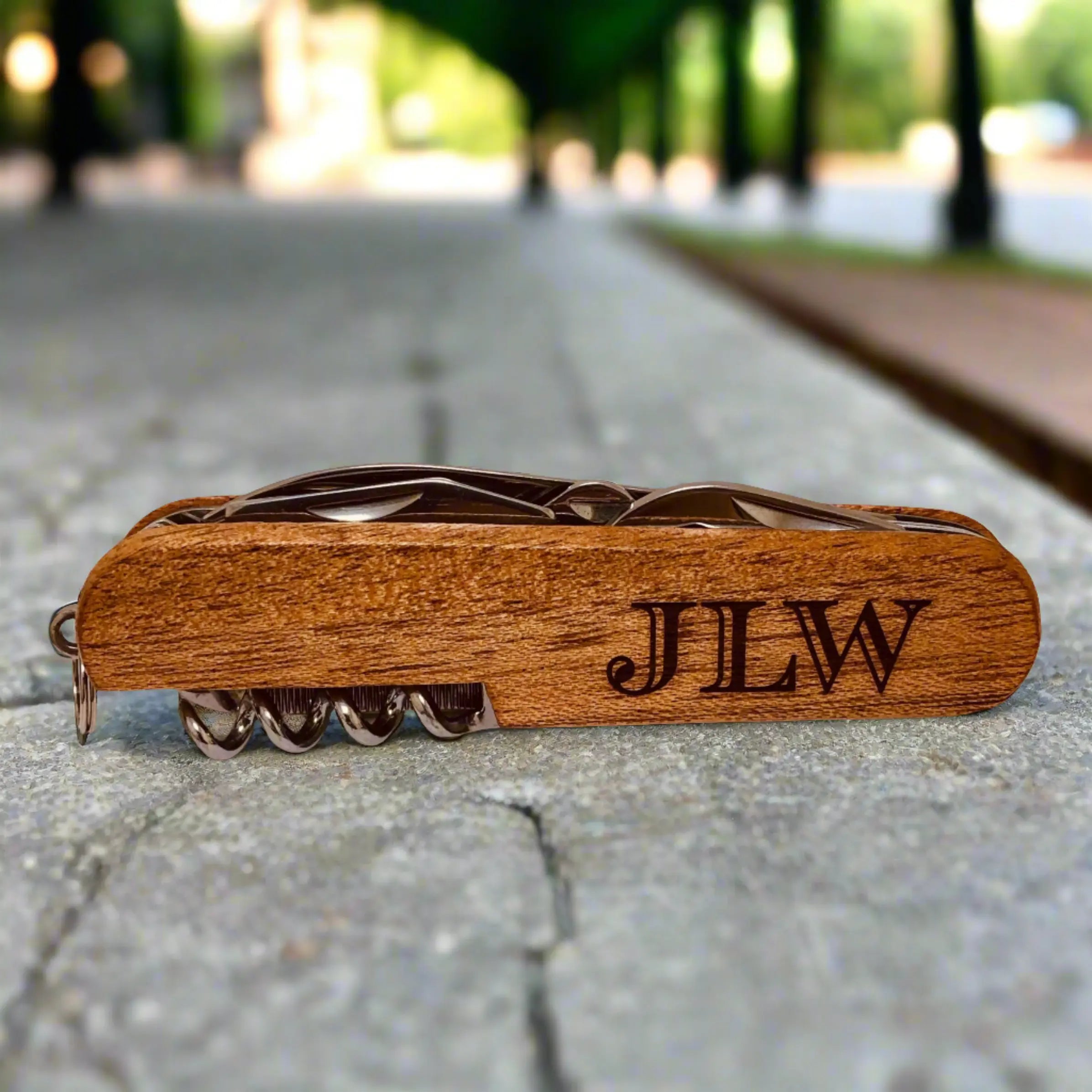 Personalized 8-Function Multi-Tool, Pocket Knife, Sapele Wood, 3.5" JDS