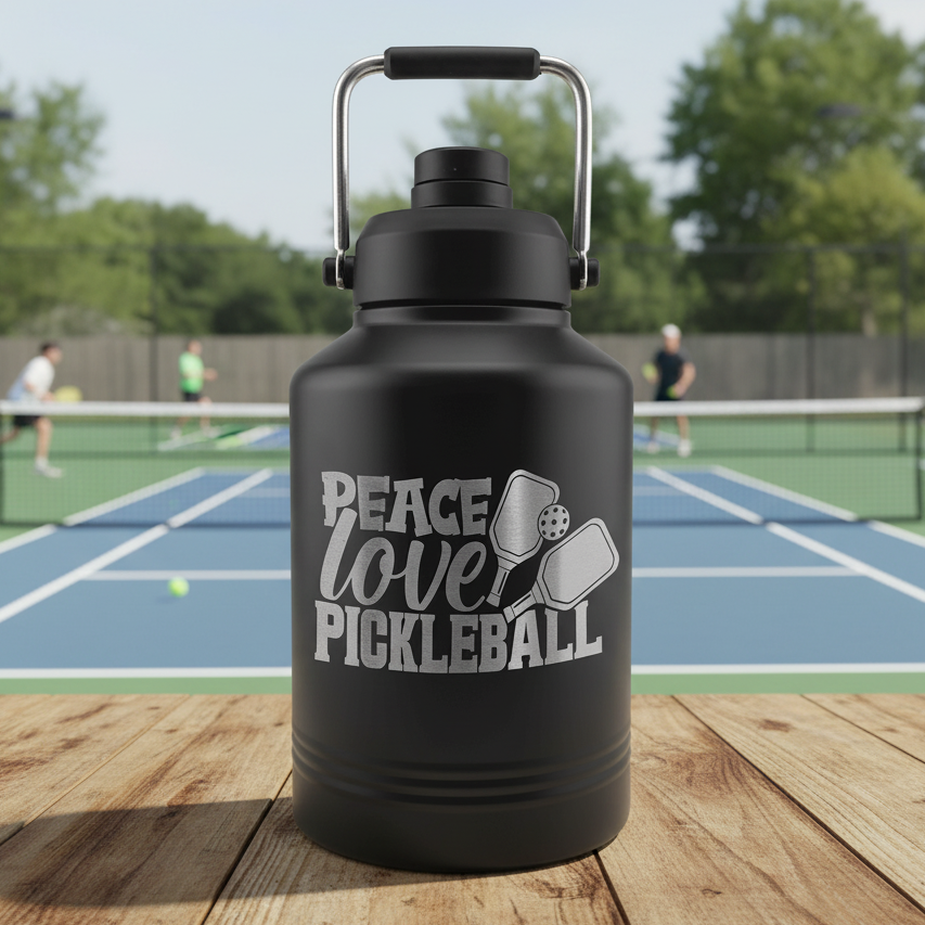 A matte black water jug with a metal handle, featuring a silver graphic that reads 'PEACE love PICKLEBALL' with two pickleballs, with a pickleball court in the backround.
