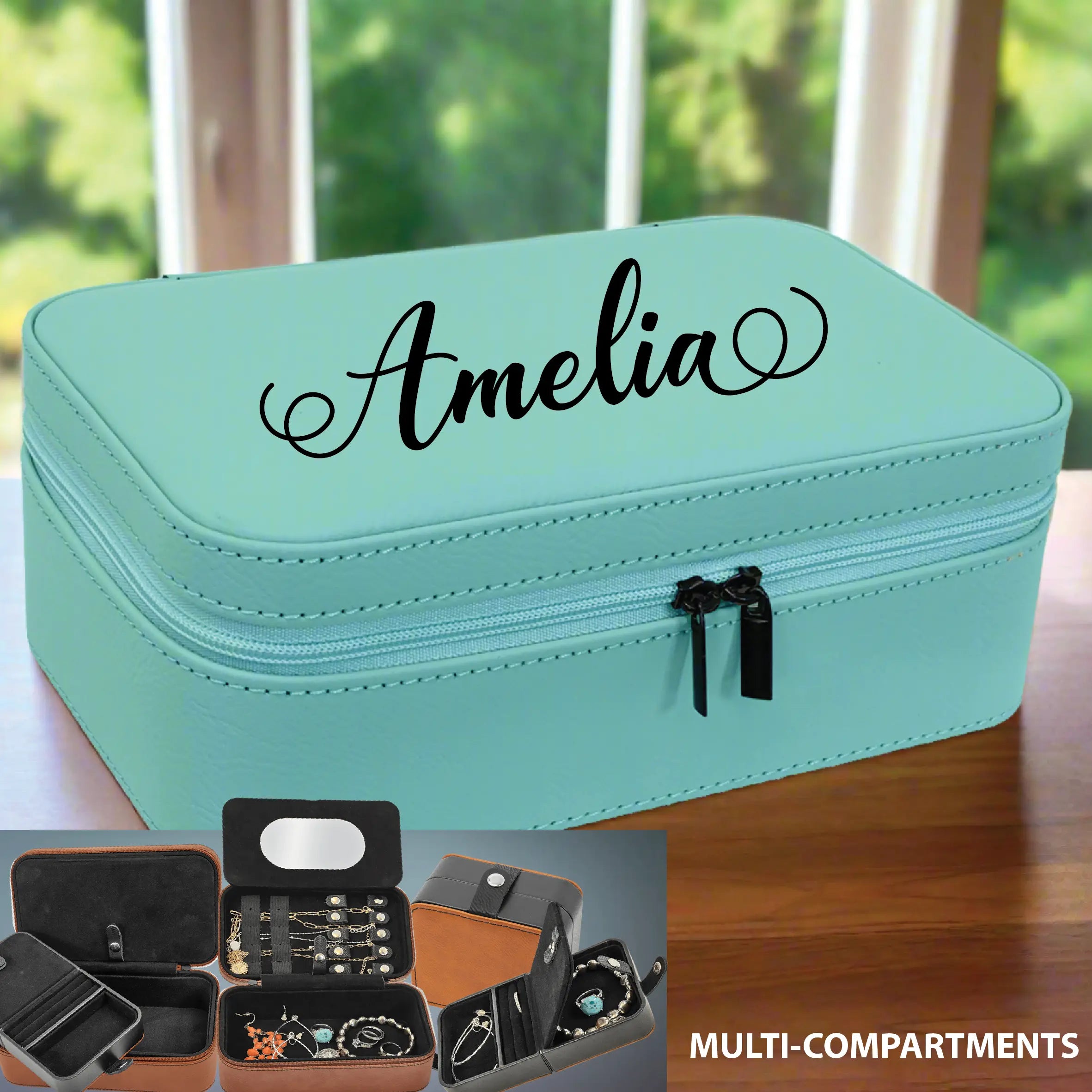 Personalized Jewelry Box with Mirror and Multiple Compartments, Leathe