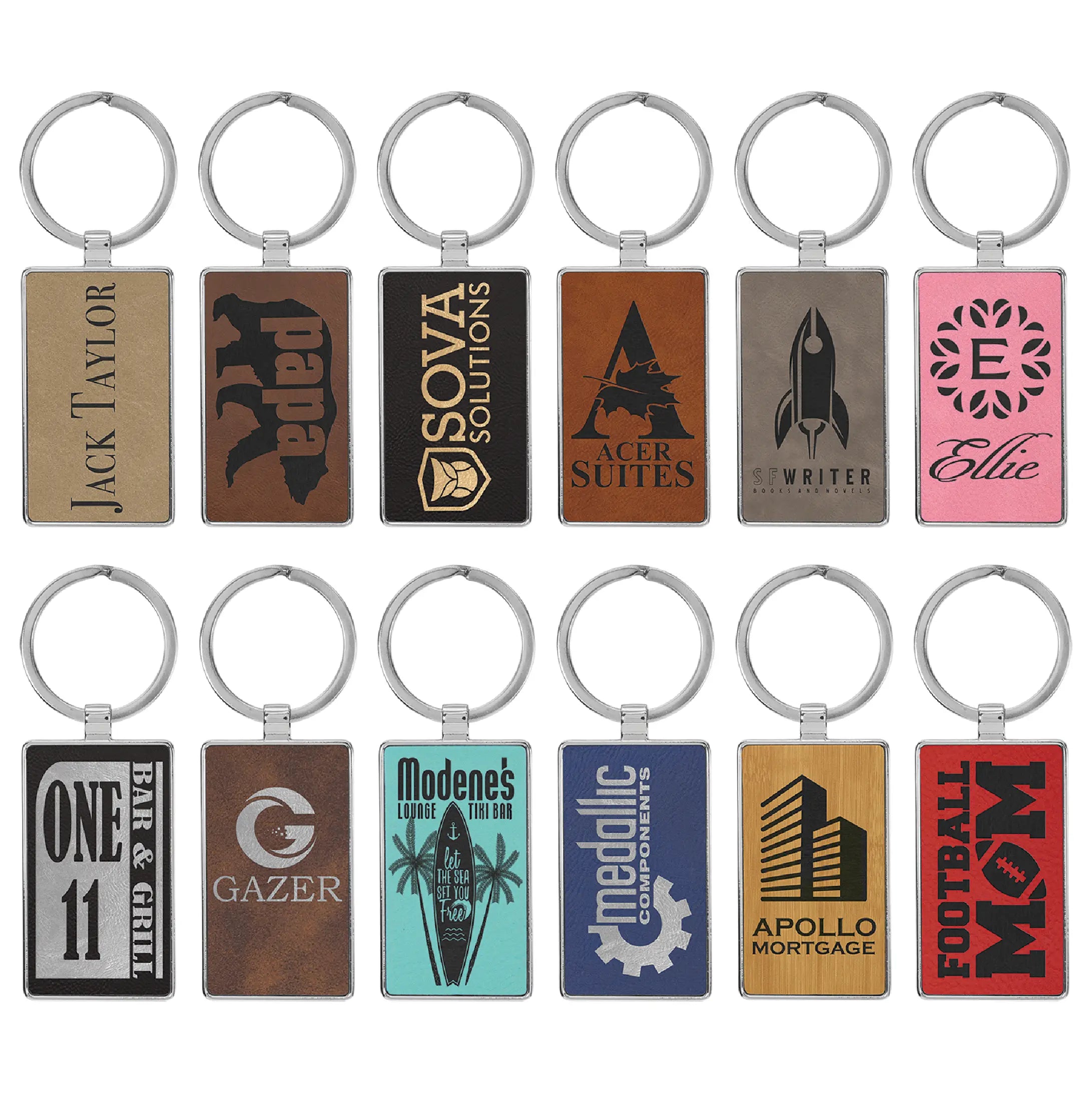 Custom Engraved Leatherette & Metal Rectangle Keychain – 12 Color Options JDS