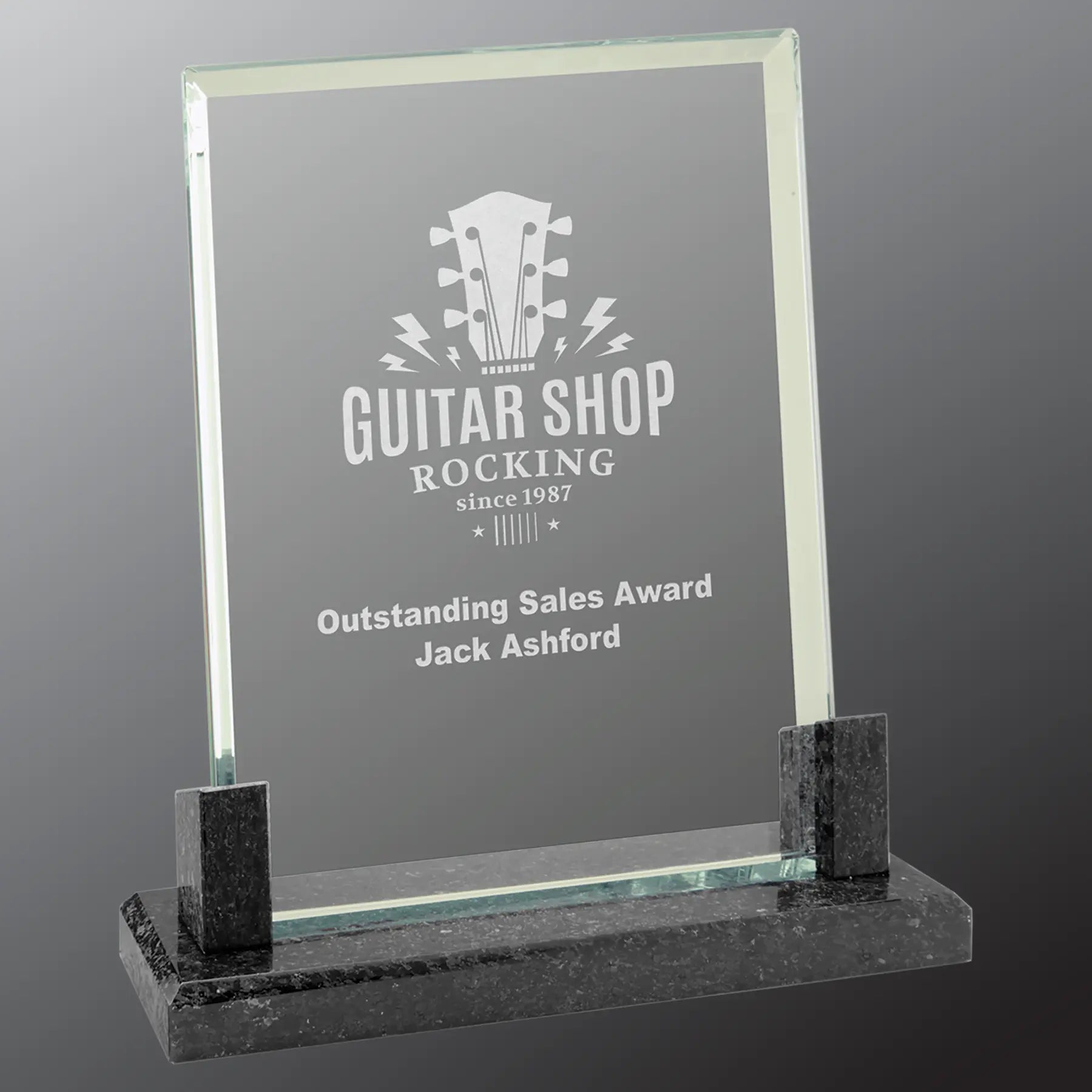 Rectangle Glass Standing Award with Marble Base, Includes Lined Presentation Box, 2 Sizes JDS