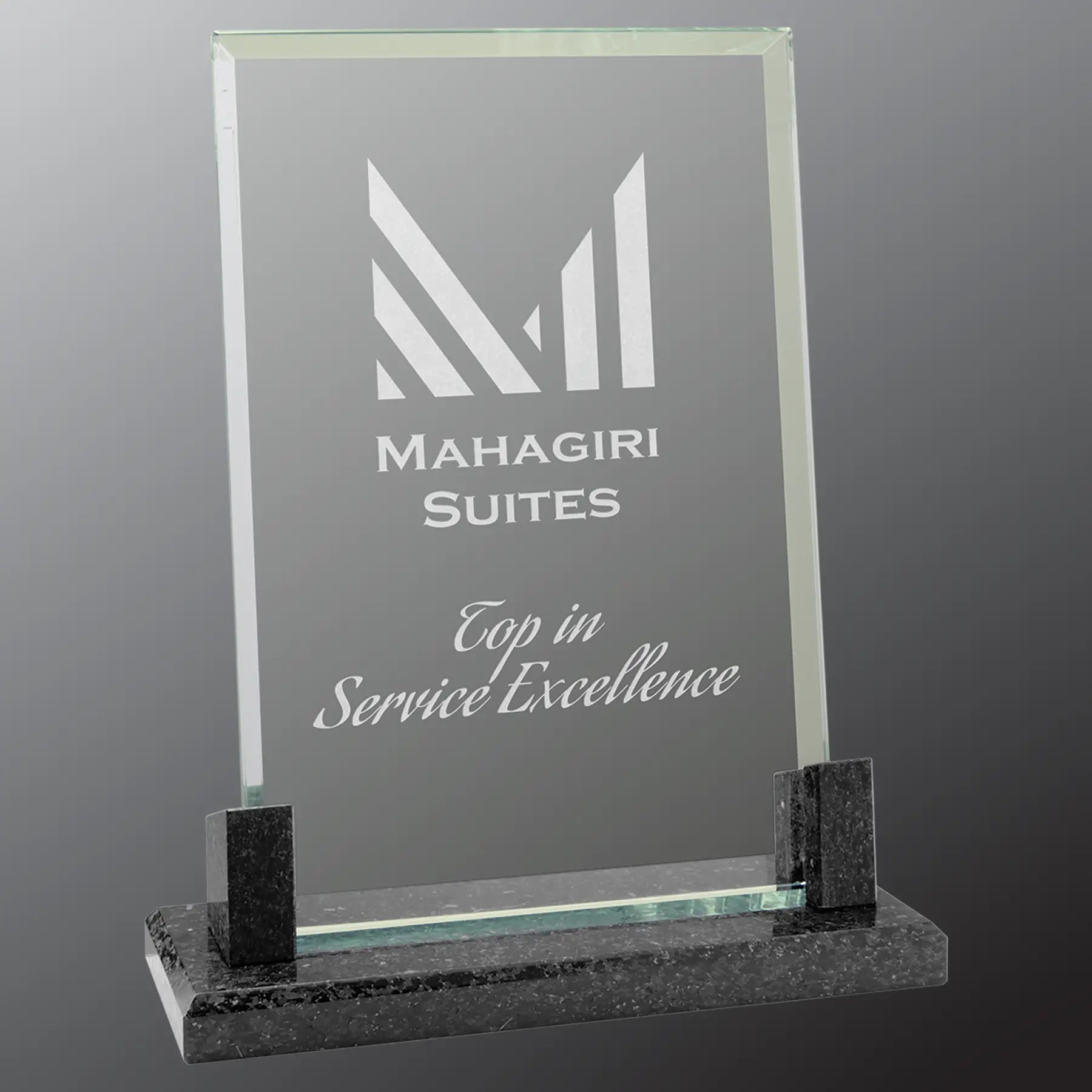 Rectangle Glass Standing Award with Marble Base, Includes Lined Presentation Box, 2 Sizes JDS