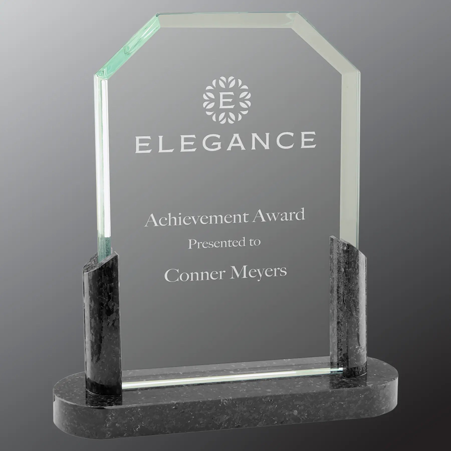 Clipped Corner Glass Standing Award with Marble Base, Includes Lined Presentation Box, 2 Sizes JDS