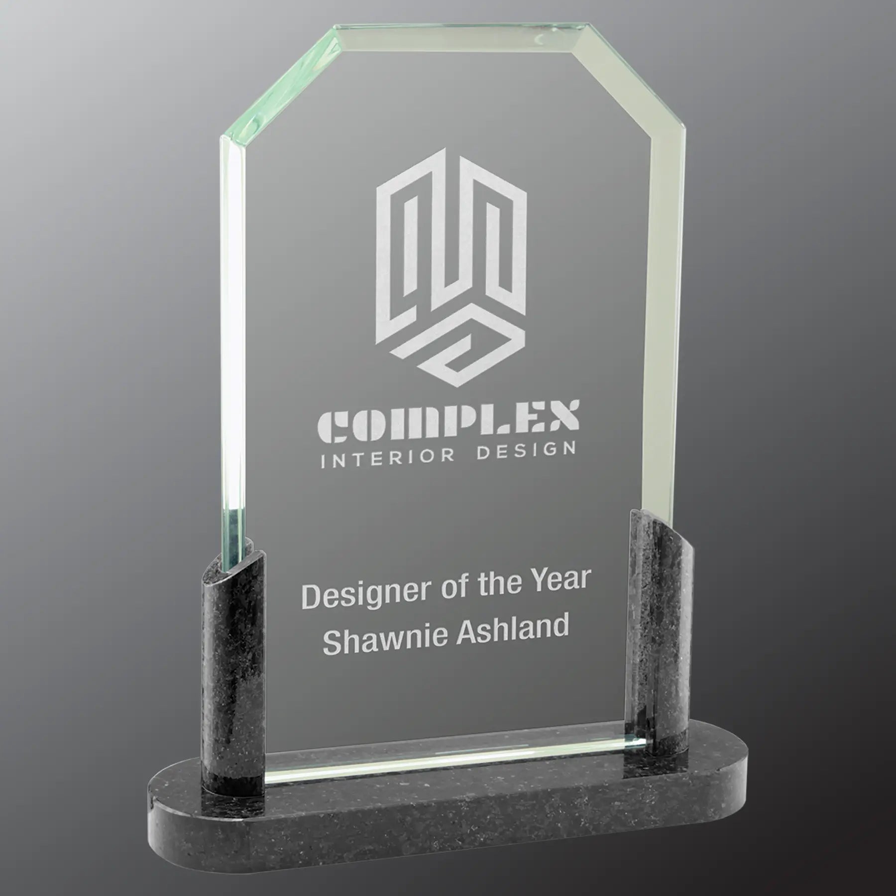 Clipped Corner Glass Standing Award with Marble Base, Includes Lined Presentation Box, 2 Sizes JDS