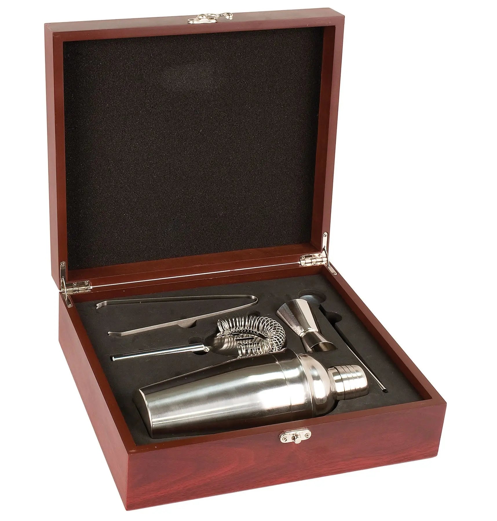 Personalized Rosewood Finish Martini Gift Set with Shaker & Tools – Gold Color Filled Engraving, 11 5/8" x 10 3/8" x 4" Sams Engraving and Gifts