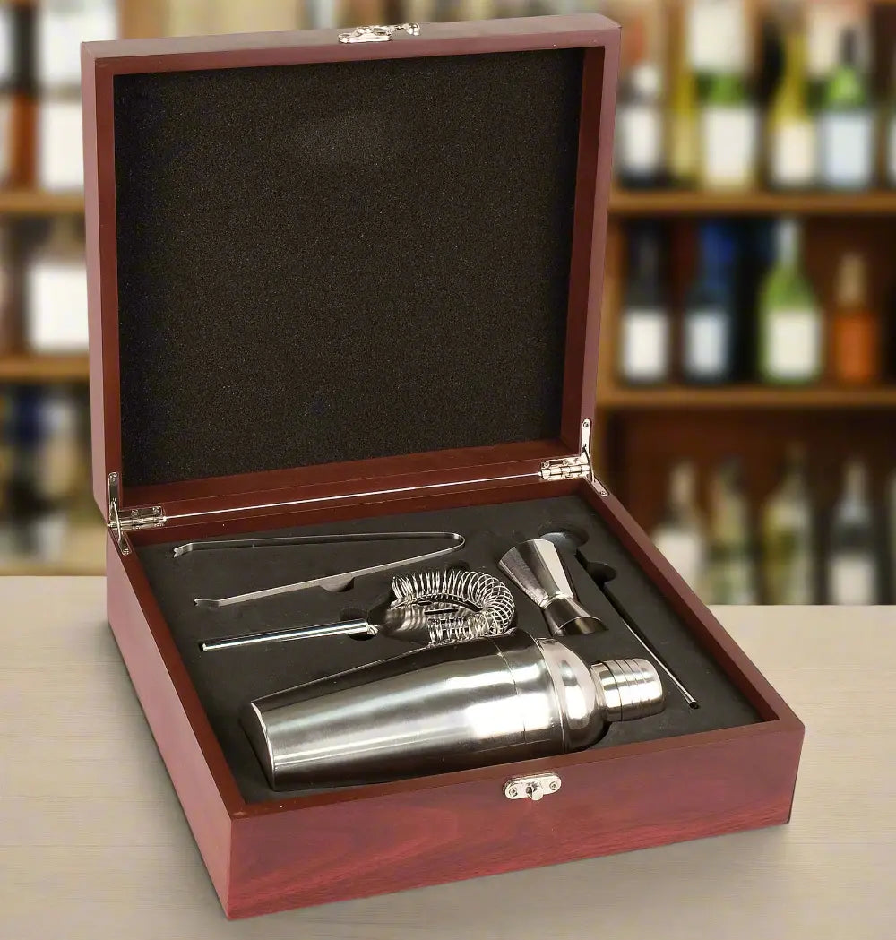 Personalized Rosewood Finish Martini Gift Set with Shaker & Tools – Gold Color Filled Engraving, 11 5/8" x 10 3/8" x 4" Sams Engraving and Gifts