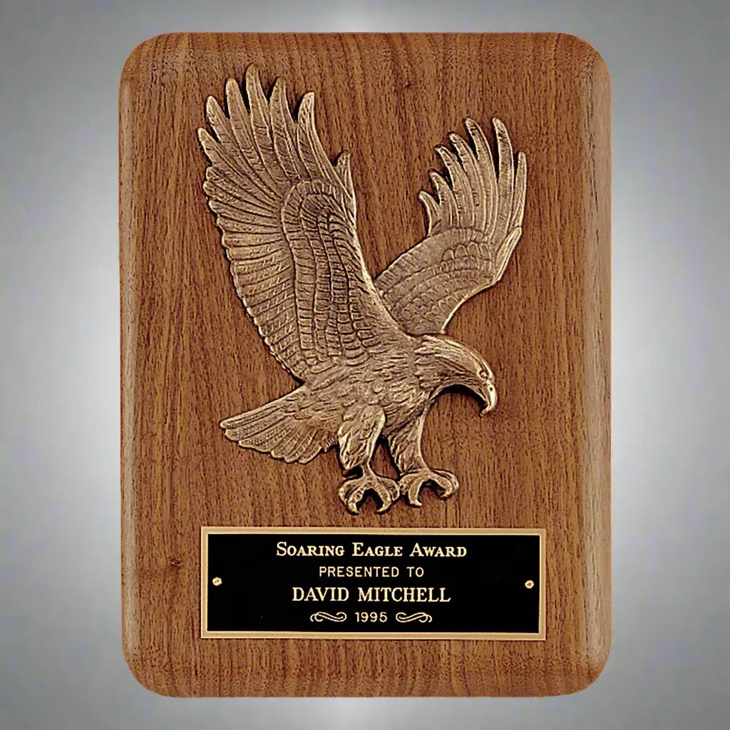 Solid American Walnut Plaque with Sculpted Gold Eagle & Black Brass Plate – 2 Sizes Available JDS