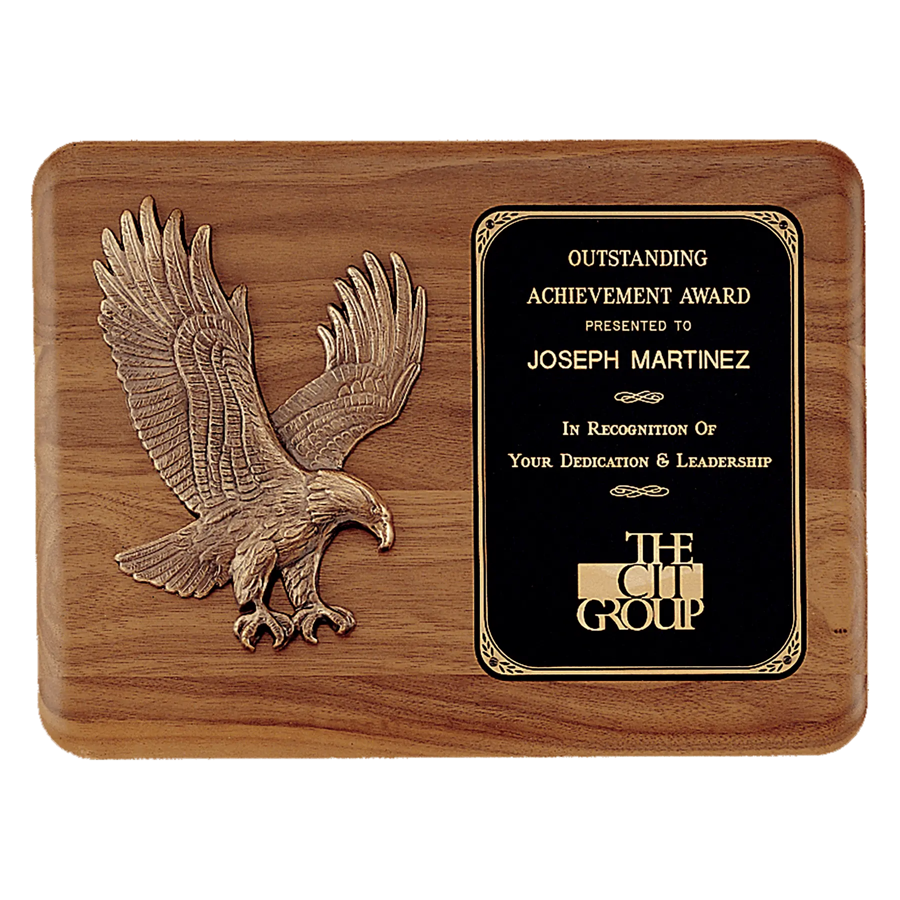 Solid American Walnut Plaque with Sculptured Eagle and Black Brass Plate, 15" x 11", Horizontal JDS