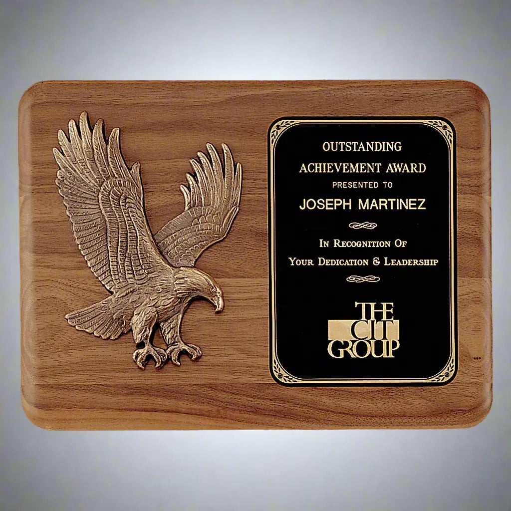 Solid American Walnut Plaque with Sculptured Eagle and Black Brass Plate, 15" x 11", Horizontal JDS
