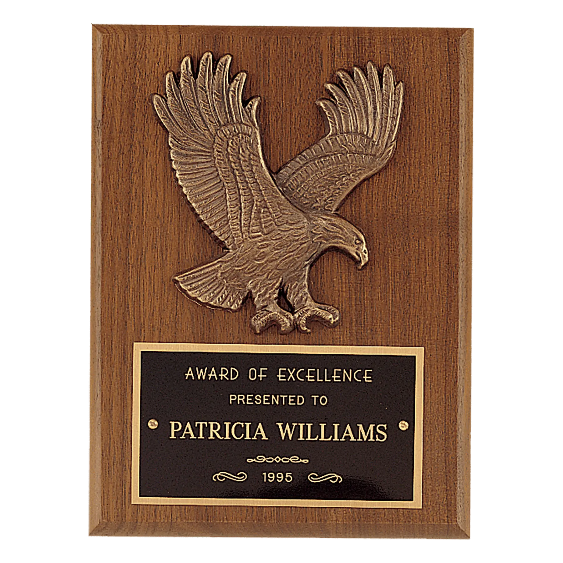 American Walnut Plaque, Sculptured Relief Eagle Casting with Engraved Black Plate, 6" x 8" JDS
