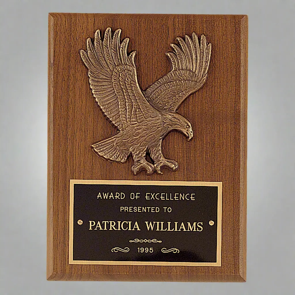 American Walnut Plaque, Sculptured Relief Eagle Casting with Engraved Black Plate, 6" x 8" JDS