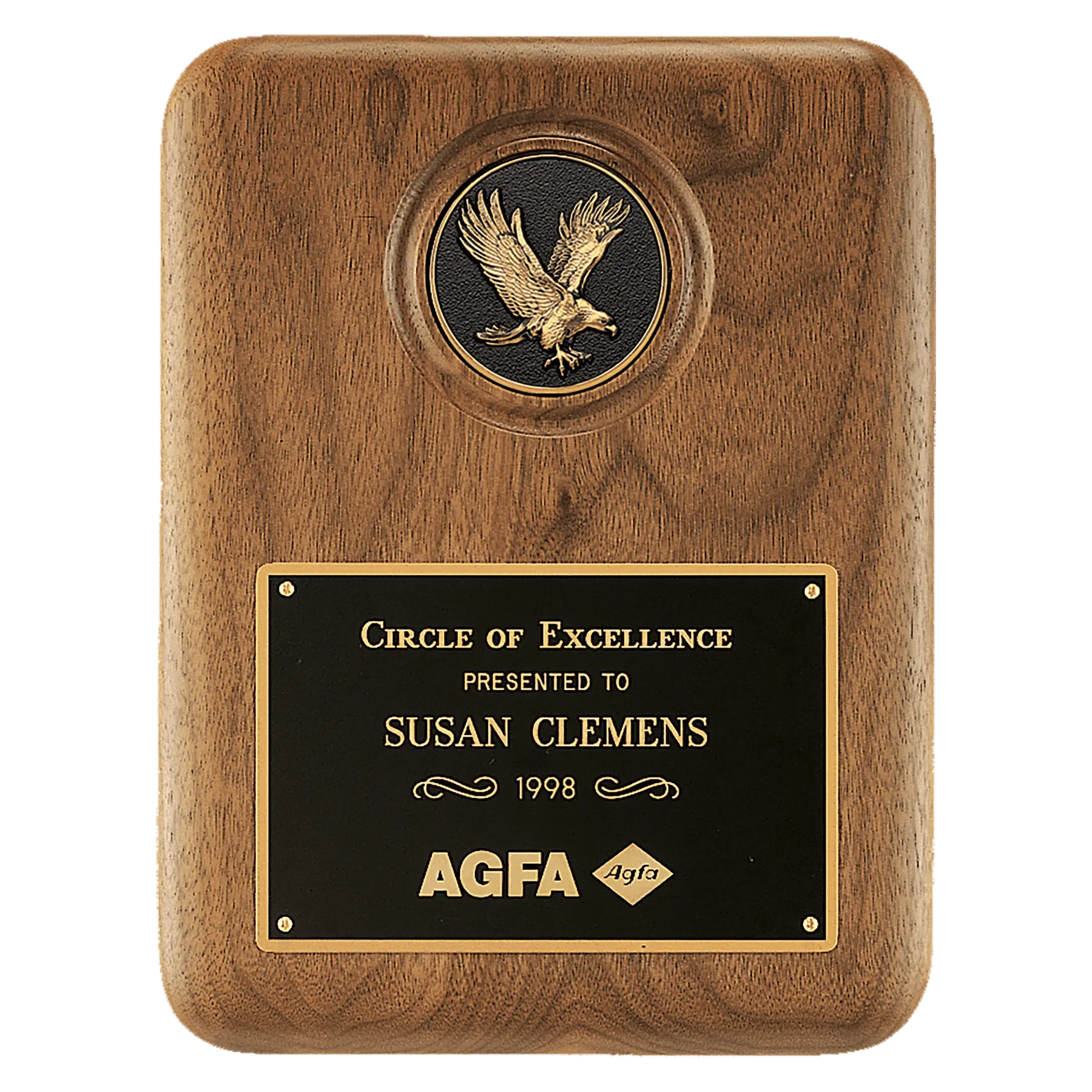 Solid American Walnut Plaque with Eagle Medallion, Black Plate, 8" x 10.5" Sams Engraving and Gifts