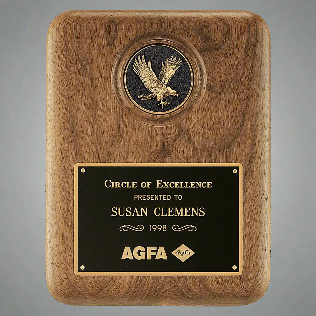 Solid American Walnut Plaque with Eagle Medallion, Black Plate, 8" x 10.5" Sams Engraving and Gifts