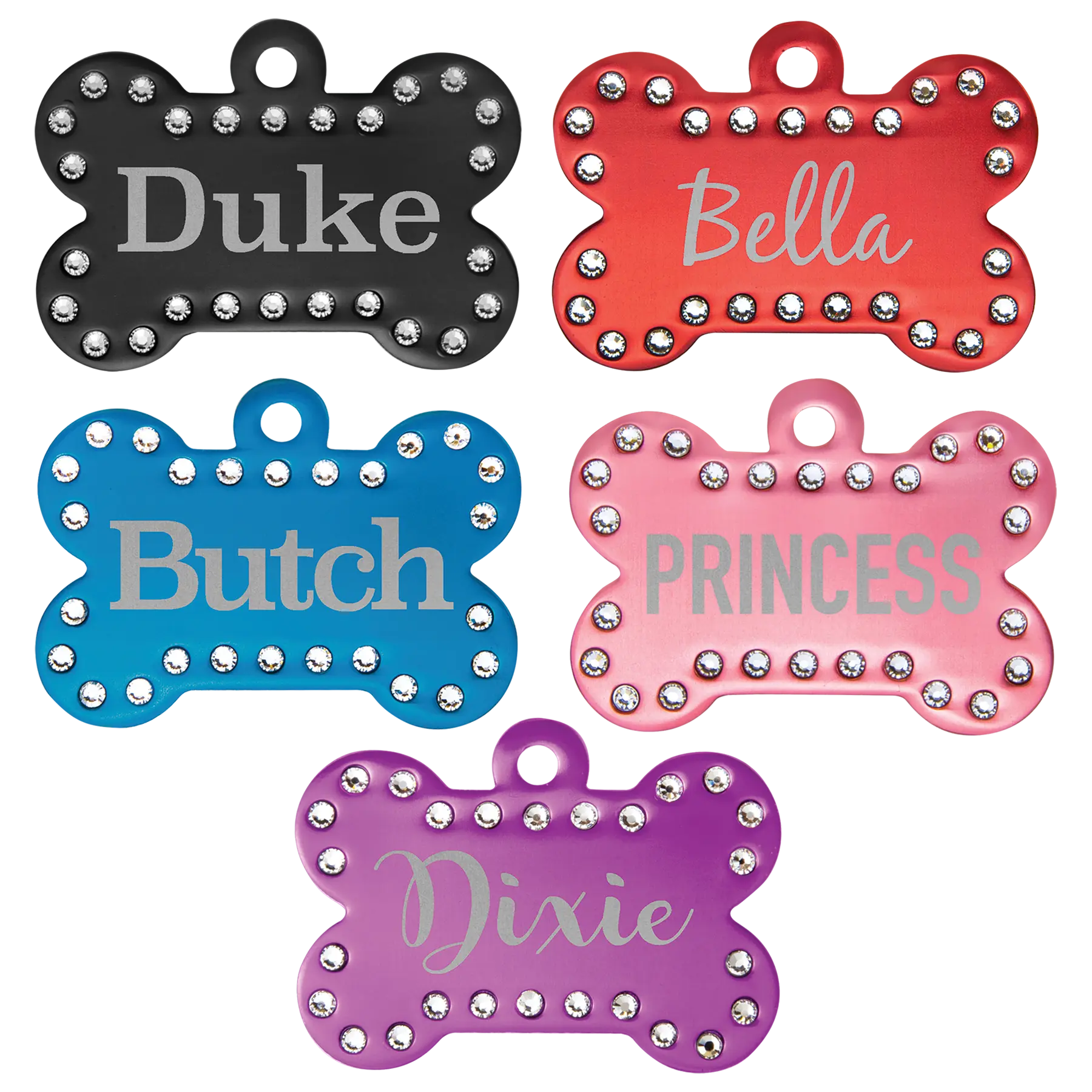 Personalized Swarovski Crystal Bling Bone Shape Pet Name Tag, Double-Sided, Anodized Aluminum, 1.5" x 1", 5 Colors JDS