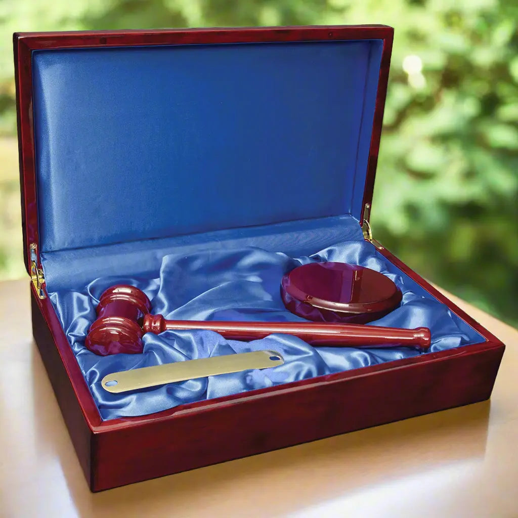 Custom Engraved Rosewood Piano Finish Judge’s Gavel Set in Elegant Satin-Lined Case – 13" x 7.75" JDS