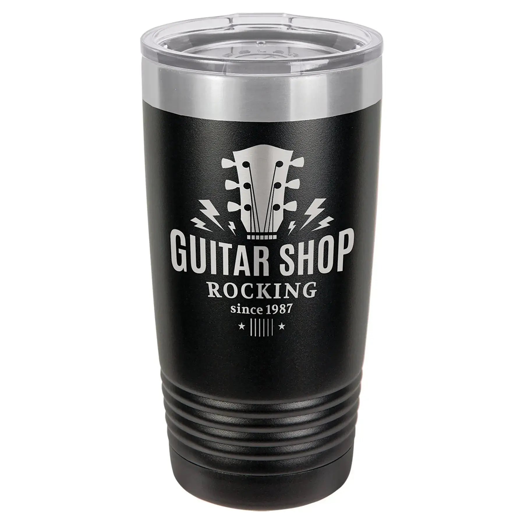 Personalized Polar Camel 20 oz. Black Vacuum Insulated Ringneck Tumbler with Clear Lid on white background, Custom engraved.