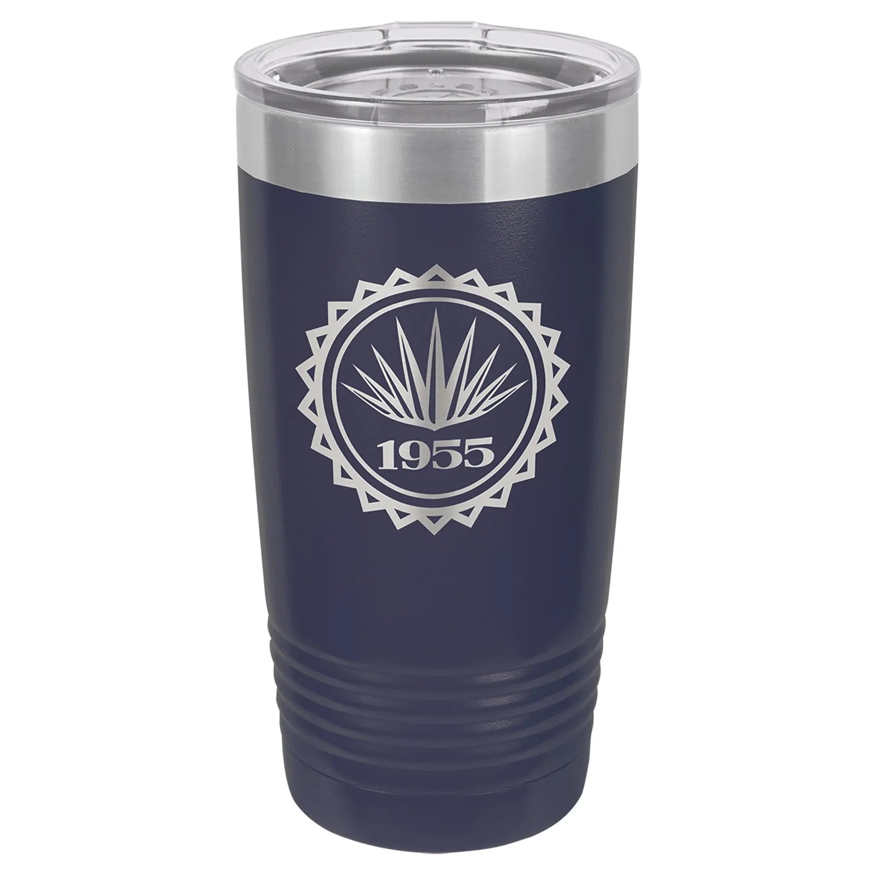 Personalized Polar Camel 20 oz. Navy Vacuum Insulated Ringneck Tumbler with Clear Lid on white background, Custom engraved.