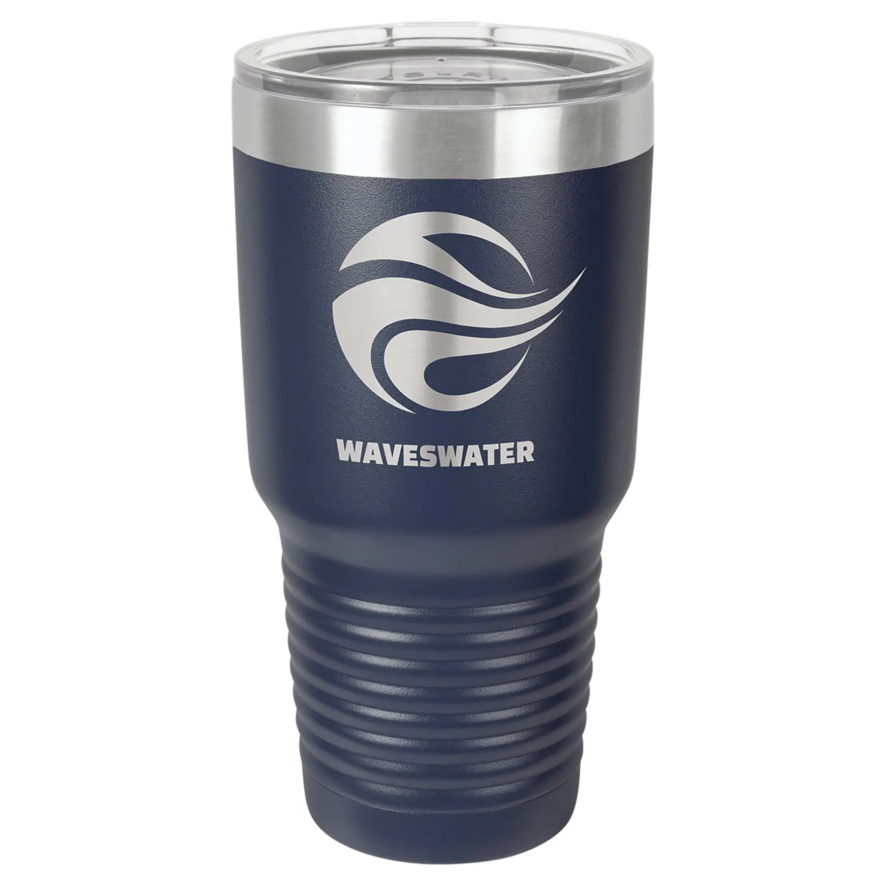 Personalized Polar Camel 30 oz. Navy Vacuum Insulated Ringneck Tumbler with Clear Lid on white background, Custom engraved.
